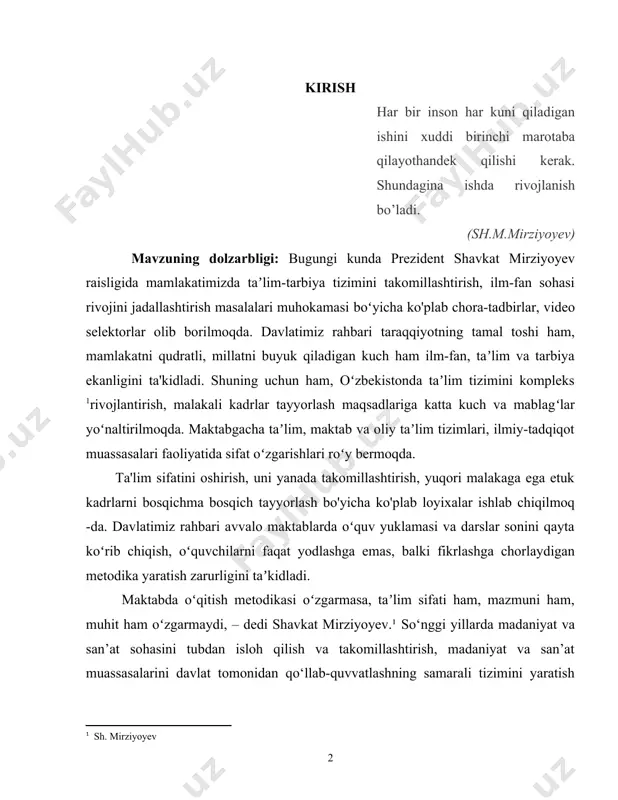 ham, mazmuni ham, muhit ham oʻzgarmaydi, – dedi shavkat mirziyoyev.¹ so‘nggi yillarda madaniyat va san’at sohasini tubdan isloh qilish va takomillashtirish, madaniyat va san’at muassasalarini davlat tomonidan qo‘llab-quvvatlashning samarali tizimini yaratish maqsadida tizimli ishlar olib borilmoqda. bir haqiqatni hech qachon esimizdan chiqarmasligimiz kerak: mamlakatimizda madaniyat va san’at taraqqiy etmasa, jamiyat rivojlanmaydi, dedi prezidentimiz. xalqimizning rivojlanish darajasi avvalo milliy madaniyatimizga qarab baholanadi. shu ma’noda, madaniyat – bu xalqimiz, jamiyatimiz qiyofasidir. biz o‘zbekistonning yangi qiyofasini yaratishga kirishgan ekanmiz, buni avvalo milliy madaniyatimizni rivojlantirishimizdan boshlashimiz lozim.[footnoteref:2] yuqorida taʼkidlangan masalalr sabab yurtimiz maktablaridagi musiqa fanida xam koʻplab o'zgarishlar ruy berdi. [2: bahrom madrimov "o'zbek musiqa tarixi" - toshkent - 2015.] jumladan: - musiqa darsliklari o'zbek milliy musiqalari asosida qaytatdan 7-yillik tizimda chop etilib o'zimizning madaniy merosimiz boʻyicha ozgartirildi. - maktab bitiruvchilarining attestat varaqalariga qanday soz chalishni bilishi grafalari qo'shildi. bundan koʻrinib turibdiki musiqa madaniyati o'qituvchilariga xam yuqori darajadagi talab va vazifalar yuklatildi. ularga zamonaviy …