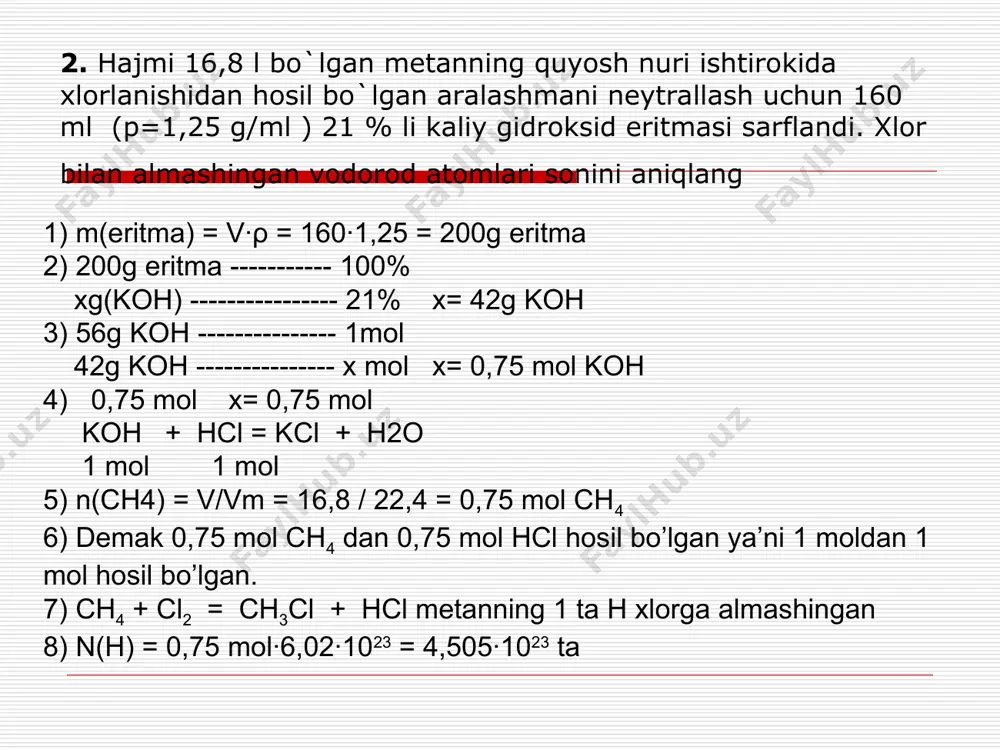 ng. 1) v(h2o) = 100 ml (c3h8+o2) – 70 = 30 ml h2o x=37,5ml x=22,5ml 30 ml 2) c3h8 + 5o2 = 3co2 + 4h2o 1 mol 3 mol 4 mol 3) v(o2) = 70ml - 22,5ml co2 = 47,5 ml o2 4) v(umumiy o2)= 37,5 + 47,5 = 85 ml 5) v(c3h8) = 100 – 85 = 15 ml c3h8 6) n(c3h8)=0,15 mol; n(o2) = 0,85 mol o2 7) mr(o’rtacha) = mr(c3h8)·n + (o2)·n = 44·0,15 + 32·0,85 = 6,6 + 27,2 = 33,8 g/mol 8) d(he)= mr / 4 = 33,8 / 4 = 8,45 4. metan va etandan iborat 0,4 mol aralashma zichligi 0,87 g/l (n.sh.da) yondirilganda hosil bo’lgan maxsulot 200g 17% li natriy gidroksid eritmasi bilan to’la reaksiyaga kirishdi. reaksiya maxsulotlarni formulasi va massasini aniqlang? 1) mr(o’rt) =d(n.sh)·22,4=0,87·22,4=19,5g/mol 2) xch4 yc2h6 16x + 30y = 19,5 x + y = 1 mol x16 16x + 30y …