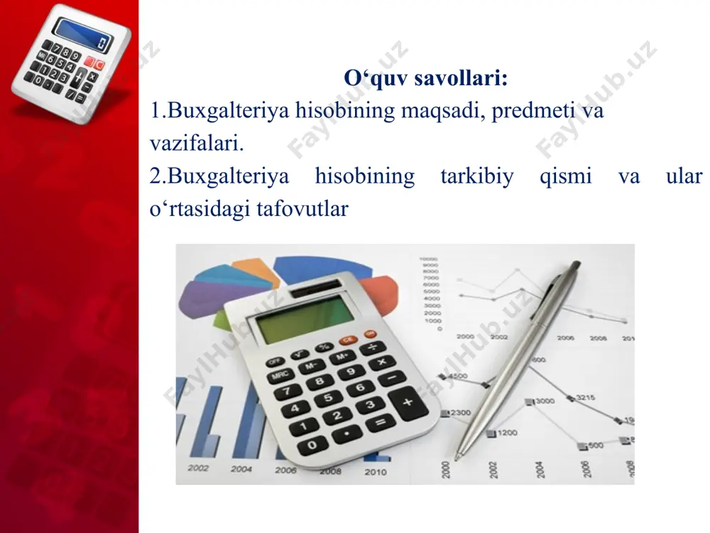 i va ular o‘rtasidagi tafovutlar * moliyaviy va boshqaruv hisobi o’rtasidagi mavjud tafovutlarni quyidagicha ifodalash mumkin: hisobning maqsadi. moliyaviy hisobning maqsadi korxonaning mulkiy va moliyaviy holatini baholash, aktivlar va passivlarning holati to’g’risidagi axborotlarni umumlashtirish, davriy va yillik buxgalteriya hisobotini tuzishdan iborat. boshqaruv hisobining asosiy maqsadi esa korhona rahbariyatini oqilona boshqaruv qarorlari qabul qilish uchun xarajatlar va moliyaviy natijalar to’g’risidagi ishonchli axborotlar bilan ta’minlashdir. * 2.hisob siyosatini ishlab chiqish. moliyaviy hisobda hisob siyosati uni yuritish qoidalari, moliyaviy hisobotni tuzish va taqdim qilish tartibini ifodalaydi. boshqaruv hisobi hisob siyosatida asosan korxona faoliyatini byudjetlashtirish, taxminlash, tannarx hisoblash, transfert bahoni shakllantirish, segmentar hisobot tuzish masalalari o’z ifodasini topadi. 3. axborotdan foydalanuvchilar. moliyaviy hisobni tashqi hisob deb ham ataydilar. uning natijalari chop etib borishadi, biroq, moliyaviy hisobotlar nafaqat moliyaviy axborotlarni, shuningdek, korxonalar faoliyatidagi muvaffaqiyatlarni, ularning yangi mahsulotlarini namoyish etuvchi reklama tusidagi axborotlarni ham o’z ichiga oladi. moliyaviy hisob axborotlaridan foydalanuvchilar, asosan korxonadan tashqarida bo’ladilar. * …