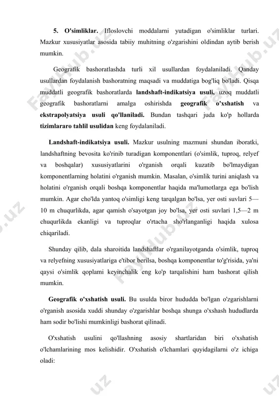 odiysi, tekislik, botiq, yonbag'ir, balandlik); 2) tog' jinslari va ular xossalarining o'xshashligi. ikkala hudud ham deyarli bir xil xossaga (suv o'tkazadigan, suv o'tkazmaydigan, yoriqsiz, yoriqli, gilli, qumli, qoyali), bir xil genezisga ega (cho'kindi, metamorfik, magmatik) tog' jinslaridan iborat bo'lishi lozim; 3) tuproqlari va ularning qalinligi, xossalari bir xil bo'lishi lozim (masalan, to'q bo'z tuproqlar); 4) o'simlik qoplamining o'xshashligi; 5) hayvonot dunyosining o'xshashligi; 6) insonning tabiatga ta'sirining o'xshashligi (suv ombori, kon, shahar, ekinzorlar, bog'lar, to'g'onlar, yo'llar, kanallar va h.k.). ushbu usul ko'proq aniq bir muhandislik inshootlarining tabiatga ta'sirini bashoratlashda qo'llaniladi. masalan, tekislikda avval qazilgan foydali qazilma konining tabiiy muhitga ko'rsatgan ta'sirini tahlil qilish bilan xuddi shunday sharoitdagi boshqa joyda qazib olinayotgan foydali qazilma konining tabiiy muhitga ta'sirini bashoratlashda o'xshatish usulini qo'llash mumkin. ekstrapolyatsiya usuli. mazkur usulning mohiyati o'zgarish yo'nalishini kelajakka nisbatan ekstrapolyatsiya qilishdan iborat. ushbu usul tabiat komplekslarining holatidagi mavjud bo'lgan o'zgarishlar yo'nalishini o'rganish orqali, bu o'zgarishlar kelajakda ham davom etadi, …