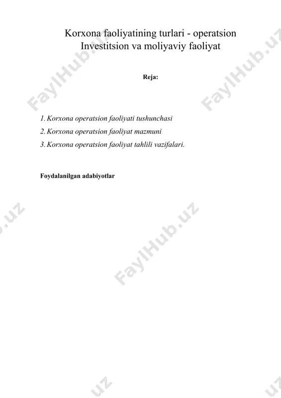 icha asl resursga o'xshash yoki o'xshamasligi mumkin. sintetik deb nomlanuvchi konvertatsiyaning yana bir turi ko'p sonli dastlabki materiallardan foydalanishga asoslangan yagona turdagi mahsulotni yaratishni nazarda tutadi. shunday qilib, operatsion faoliyat - bu kirishni chiqishga aylantirish jarayoni. operatsion tizim kirishlari quyidagilarni o'z ichiga oladi: 1) o'zgartirish jarayonida tizimning sa'y-harakatlari yo'naltirilgan operatsion faoliyat ob'ektlari: a) moddiy resurslar; b) mijozlar; v) mijozning mulki; 2) operatsion faoliyat vositalari; 3) xodimlar. operatsion tizimning natijalari quyidagilarni o'z ichiga oladi: 1) asosiy: a) tayyor mahsulotlar; b) holati o'zgartirilgan mijoz; v) mijozning o'zgartirilgan mulki 2) kichik: a) moddiy; b) energiya; c) axborot. operatsion faoliyatning kirish omillari sifatida asosiy resurslarning tarkibi ishlab chiqarish bo'yicha qarorlar korxonaning bozordagi o'rni va roliga va qabul qilingan strategiyaga qarab, uning umumiy faoliyati kontekstida qabul qilinadi. strategiya korxonaning bozordagi missiyasiga asoslanadi va raqobatdosh ustunlikni ta'minlash uchun korxona o'zining barcha resurslari va funktsiyalaridan qanday foydalanishni rejalashtirayotganini aniq aks ettiradi. operatsion strategiya korxona strategiyasini amalga oshirishga …