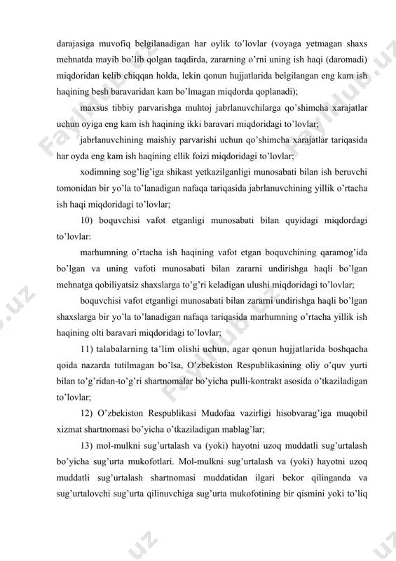 chun yuridik shaxsdan – ish beruvchidan olgan mablag’lari. uy-joy olingan (mulk huquqi davlat ro’yxatidan o’tkazilgan) sanadan e’tiboran besh yil ichida sotilsa, ushbu bandda ko’rsatilgan daromadlarga belgilangan tartibda soliq solinadi. mehnat shartnomalariga yoki ishlar bajarish va xizmatlar ko’rsatish predmeti bo’lgan fuqarolik-huquqiy tusdagi shartnomalarga muvofiq jismoniy shaxslarga hisoblanadigan va to’lanadigan barcha to’lovlar mehnatga haq to’lash tarzidagi daromadlar deb e’tirof etiladi. mehnatga haq to’lash tarzidagi daromadlarga quyidagilar ham kiradi: rag’batlantirish xususiyatiga ega bo’lgan to’lovlar; kompensatsiya to’lovlari (kompensatsiya); ishlanmagan vaqt uchun haq to’lash. rag’batlantirish xususiyatiga ega to’lovlar jumlasiga quyidagilar kiradi: 1) yillik ish yakunlari bo’yicha mukofot, bir yo’la beriladigan mukofotlar; 2) yuridik shaxsning mukofotlash to’g’risidagi qoidasida nazarda tutilgan rag’batlantirish xususiyatiga ega to’lovlar; 3) kasb mahorati, murabbiylik uchun tarif stavkalariga va maoshlarga ustamalar; 4) ta’tilga har yilgi qo’shimcha haqlar; 5) ko’p yil ishlaganlik uchun pul mukofoti va to’lovlar; 6) ratsionalizatorlik taklifi uchun to’lov. mehnatga haq to’lash tarzida daromadga kiritiladigan kompensatsiya to’lovlari (kompensatsiyalar) jumlasiga quyidagilar kiradi: …