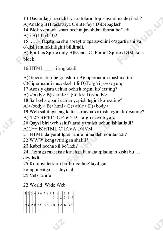 i ko’rsating? a) b) c) d)to’g’ri javob yo’q 20.qaysi biri web sahifalarni yaratish uchun ishlatiladi? a)c++ b)html c)java d)jvm 21.html da yaratilgan sahifa nima deb nomlanadi? 22.www kengaytirilgan shakli? 23.kabel necha xil bo’ladi? 24.tizimga ruxsatsiz kirishga harakat qiladigan kishi bu …deyiladi. 25 kompyuterlarni bir biriga bogʻlaydigan komponentga … deyiladi. 21 veb-sahifa 22 world wide web 1 2 3 4 5 6 7 8 9 10 11 12 13 14 15 a c a b b c a b c b d a d d c 16 17 18 19 20 a d c b b 21. veb-sahifa 22 .world wide web 23.2xil 24. xaker 25.hub