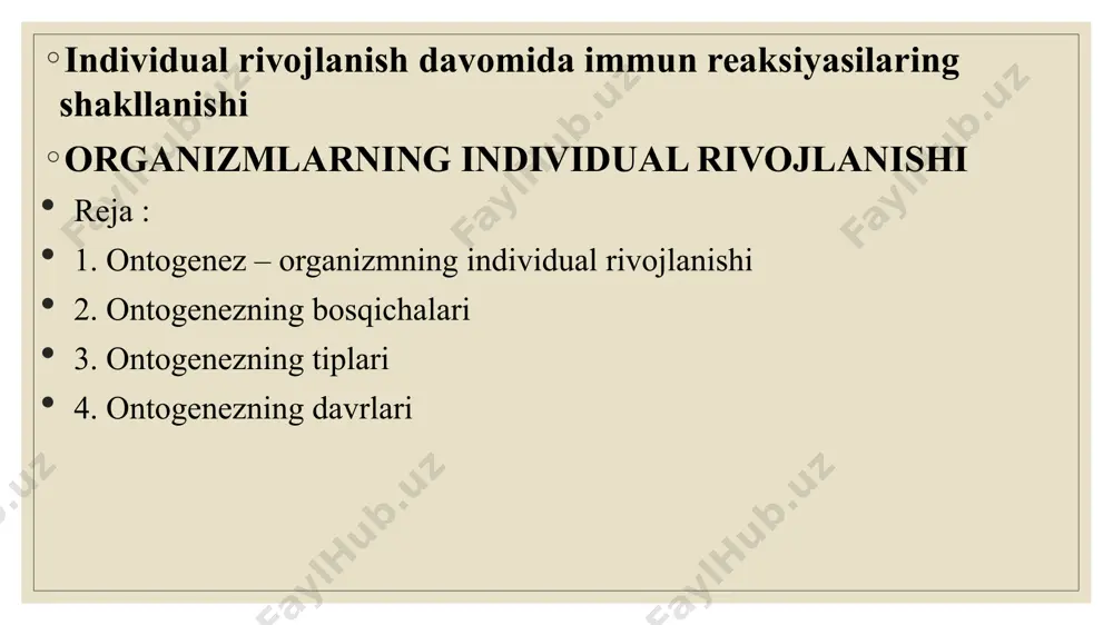 ar iqtisoshlashadi,umri tugagan yoki jarohatlangan to’qimalar qayta tiklanadi va organizmning qarishi asta sekin kuzatiladi. post embrionalar rivojlanishining ikki turi malum 1. bilvosta (no to’g’ri) rivojlanish. 2. bevosita (tog’ri) rivojlanish. organizm indivitual rivojlanishiga tashqi muhit omillarining tasiri kattadir. tashqi muhit omillarinig tasiri homila davrida ham, undan keyingi davrda ham kuzatiladi. odam homilasining rivojlanishiga zara ko’rsatuvchi omillarga alkogol, tamaki tarkibidagi nikotin, giyohvant moddalari kiradi. bu moddalar insonning faqat sog’ligiga zara yetkazibgina qolmasdan balki jinsiy hujayralarning xromosomalari, genlarida mutatsiyalarida sabab bo’lishi ham mumkin. bunday o’zgargan mitoz sikli deb hujayraning bo’linishga tayyorgarlik davri hamda mitoz bosqichlarini davom etishiga aytiladi metafaza — xromosomalarning spirallanishi davom etadi. xromosomalar ekvator tekisligi tomon harakatlana boshlaydi. ontogenezning davrlari amfibiyalarning lichinkalik bosqichi — itbaliqdir o’pka va ikkita qon aylanish doirasi rivojlanadi. itbaliq bir qator belgilari (yon chiziq, yurak tuzilishi, qon aylanish sistemasi, jabra yoriqlari) bilan baliqlarga o’xshab ketadi. immun sistemasi organizmni kasalliklardan himoya qiluvchi biologik jarayonlar tarmogʻidir. u viruslardan tortib …