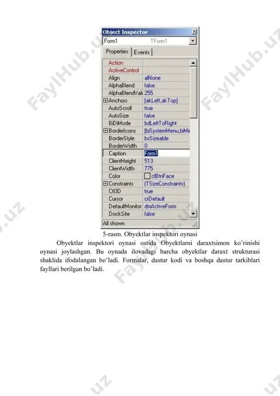 ruqlari guruhi database (ma’lumotlar bazasi) buyruqlar guruhi (20.14-rasm) ma’lumotlar bazasi bilan ishlaydigan buyruqlarni o’z ichiga olgan. tools buyruqlari guruhi menyuning bu buyruqlari guruhi yordamida ilova parametrlarini o’rnatish va yordamchi dasturlar buyruqlarini chaqirish mumkin. windows buyruqlari guruhi menyuning bu buyruqlari guruhi yordamida interfeysning oynalarini boshqarish mumkin. help buyruqlari guruhi menyuning bu buyruqlari guruhi yordamida muhit, til, komponentalar va kompyuter haqidagi ma’lumotlarni olishimiz mumkin. nazorat savollari 1.borland c++ builder dasturlash muhitining umumiy tasnifi. 2.borland c++ builder muhiti versiyalari. 3.borland c++ builder dasturlash muhitining ishchi oynalarini keltirib o’ting 4.borland c++ builder dasturlash muhitining menyu bo’limlari qaysilar? foydalanilgan adabiyotlar va internet resurslari 1. н.культин. самоучитель c++ builder спб.: бхв-петербург, 2004. -320 с.: 2. н.культин. c++ builder в задачах и примерах. петербург, 2005. — 336 с: 3. х.м.дейтел, п.дж.дейтел «как программировать на с++», 5-издание, м-2008 г. 1454 стр. 4. г.шилдт –“полный справочник по c++” – м-2006., 801 стр. 5. sh. f. madraximov “c++. obyektga yo’naltirilgan …