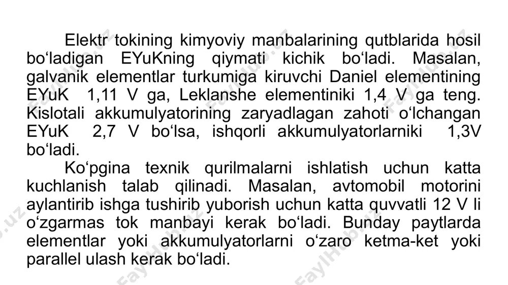 batareya tuzaylik. uni tashqi r qarshilikka ulaylik. kirxgofning ikkinchi qonunini berk konturga tatbiq qilamiz: demak, ta elementni ketma-ket ulab, batareya tuzilganda eyuk marta ortadi. demak, ta element ketma- ket ulaganda tok kuchi marta ortadi. 2. batareyani ta elementini parallel ulaylik. ؏ 1 ta elementdan o‘tuvchi tok. demak, ta elementni paralel ulab, batareya hosil qilinganda eyuk o‘zgarmaydi, ichki qarshilik marta kamayadi. amaliyotda element eyuk lari va ichki qarshiliklari har xil bo‘lgan holatlar bo‘lishi mumkin. kirxgofning ikkinchi qoidasiga ko‘ra, elementlarning ichki qarshiliklaridagi potensial tushuvlari elementlar eyuklari yig‘indisiga teng. 8-mashq 7-masala (148-bet). eyuk va bo‘lgan elementlar parallel ulangan. agar ularning ichki qarshiliklari teng bo‘lsa, elementlar qisqichlaridagi potensiallar ayirmasini toping. formula va yechish: javob: berilgan: topish kerak: mustaqil bajarish uchun topshiriqlar. 1. mavzuni oʻqish, savollarga javob yozish (144-bet). 2. 8-mashqning 8, 9-masalalarini yechish (148-bet). image1.png image2.png image3.jpg image4.wmf image5.png oleobject1.bin media1.mp4 image6.png image7.png image7.jpg media2.mp4 image8.png image9.jpg image10.jpg image12.png image13.png image14.png image11.jpg image15.png image16.png …