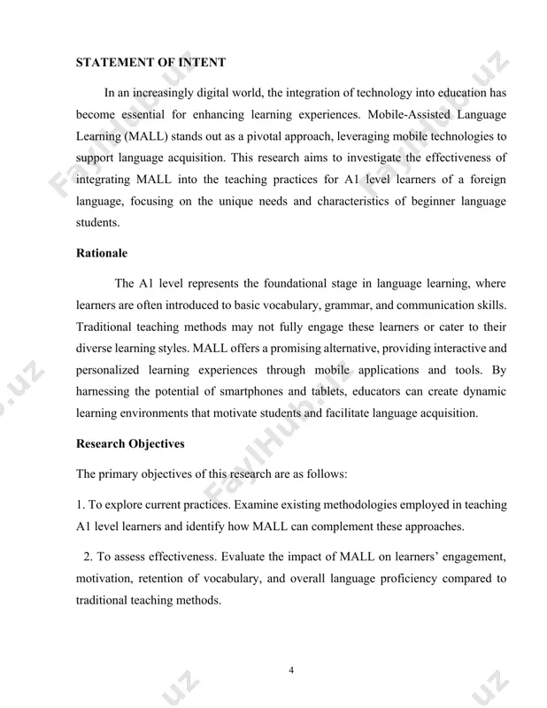 by highlighting innovative practices that address contemporary educational challenges. as educational landscapes evolve with technology's rapid advancement, it is crucial to explore new methodologies that resonate with today's learners. this research on integrating mall for a1 level learners seeks not only to improve language acquisition outcomes but also to foster a more engaging and effective educational environment that prepares students for future linguistic endeavors. i am committed to conducting thorough research that upholds academic rigor while contributing valuable insights into the field of language education. theoretical part. chapter i. literature review. using technology in the teaching and learning of english as a foreign language (efl) has received much importance and attention over the last few decades throughout the world. as a result, teaching and learning have incorporated technological skills in it and thereby become more technology-dependent. this integration of many sophisticated devices in education has initiated many technology-based approaches and …