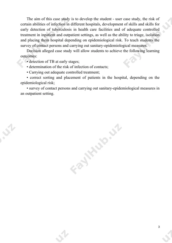 measures should be planned and implemented taking into account the specifics of the current health care system in uzbekistan, the level of financing and the development of human resources and material and technical base, as well as climatic conditions. the aim of this case study is to develop the student - user case study, the risk of certain abilities of infection in different hospitals, development of skills and skills for early detection of tuberculosis in health care facilities and of adequate controlled treatment in inpatient and outpatient settings, as well as the ability to triage, isolation and placing them hospital depending on epidemiological risk. to teach students the survey of contact persons and carrying out sanitary-epidemiological measures. decision alleged case study will allow students to achieve the following learning outcomes: • detection of tb at early stages; • determination of the risk of infection of contacts; • carrying out adequate …