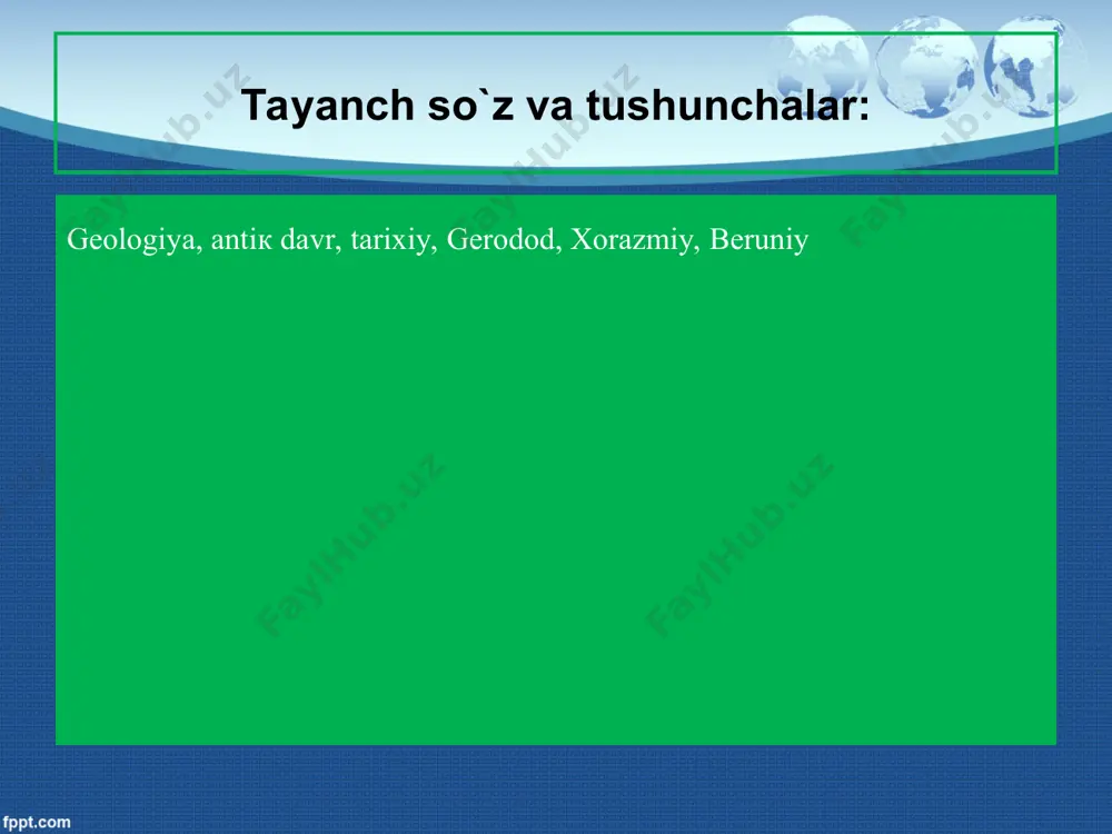 yozilgan maxsus sharhlar o‘rta asrlar fan-madaniyatining gurkirab rivojlanishiga yordam berdi. natijada bu ta’sir tufayli keyinchalik ko‘plab yirik olimlar shakllandi. ularning aksariyati geologiya-ma’danshunoslik sohasida ham muhim yutuqlarga erisha oldi. shunday fan namoyondalaridan ayrimlarining ijodi bilan qisqacha bo‘lsada tanishib chiqamiz abu yusuf yaqub ibn isxoq al-kindiy: prezentacii.com prezentacii.com abu rayhon beruniy : (973-1048 yy.) zamonamizda mavjud bo‘lgan geologiyanng qariyb barcha yo‘nalishlariga asos solgan qomusiy bilimlar egasidir. mashhur vatandoshimiz jami 150 dan ortiq asar muallifi bo‘lib, faqat mineralogiya xususida yozilgan maxsus kitobi uch jildni tashkil qiladi. beruniyning qolgan geologik qarashlari barcha kitoblarida sochma holatda yoritilgan. shulardan ayrimlari xususida qisqacha to‘xtalamiz. beruniy asarlari bizning davrimizda vii jilddan iborat kitoblarda jamlangan bo‘lib, ularning arab tilidan rus va o‘zbek tillariga tarjima qilingan nusxalari “fan” nashriyoti tomonidan 1968-80 yillarda chop etilgan. beruniyning tanlangan asarlari i tomining “qadimgi xalqlardan qolgan yodgorliklar” deb ataladi. ushbu asarda olimning gidrogeologik qarashlari, jumladan artezian suvlarning vujudga kelishi kabi muhim ilmiy masalaga to‘xtalib, …