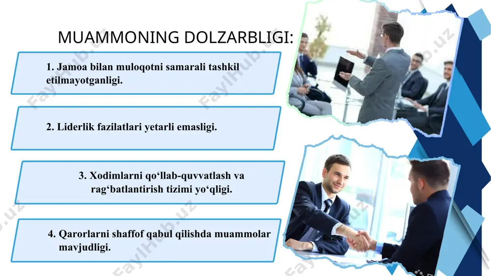 aklif etiladi. 2 direktorlar va xodimlar o‘rtasidagi ishonch darajasi yaxshi emasligi kuzatiladi. aqsh maktablarida direktor va xodimlar o‘rtasida ochiq muloqot va bir-biriga bo‘lgan ishonch muhim rol tutadi. ishonchni mustahkamlash uchun ochiq muloqot madaniyatini shakllantirish, xodimlarning fikrini inobatga olish va shaffof boshqaruv tizimini joriy etish zarur. 3 maktablarda innovatsion boshqaruv usullari kam qo‘llaniladi. yangi g‘oya texnologiyalar joriy etish sustligi. hindiston maktablarida “nep–2020” doirasida innovatsion boshqaruvga katta e’tibor qaratiladi. direktorlarni innovatsion boshqaruv texnikalariga o‘rgatish va maktablarda innovatsion texnologiyalarni qo‘llab- quvvatlash dasturlarini ishlab chiqish taklif etiladi. chora-tadbirlar rejasi: t/r muammo. amalga oshirish mexanizmi. mas’ullar. muddati. natija. 1 ochiq muloqot tizimini yetishmasligi. jamoa bilan ochiq muloqotni yo‘lga qo‘yish. ochiq eshiklar siyosatini joriy etish har bir xodim rahbar bilan to‘g‘ridan- to‘g‘ri muloqotni yo‘lga qo‘yish. fikr va takliflar uchun anonim qutilar yoki so‘rovnomalar onlayn chatlar va platformalardan foydalanish. maktab direktori, pedagoglar. o‘quv yili davomida. xodimlar fikrini eshitish va xis qilishi orqali jamoada ochiqlik muhiti shakllanadi. 2 …
