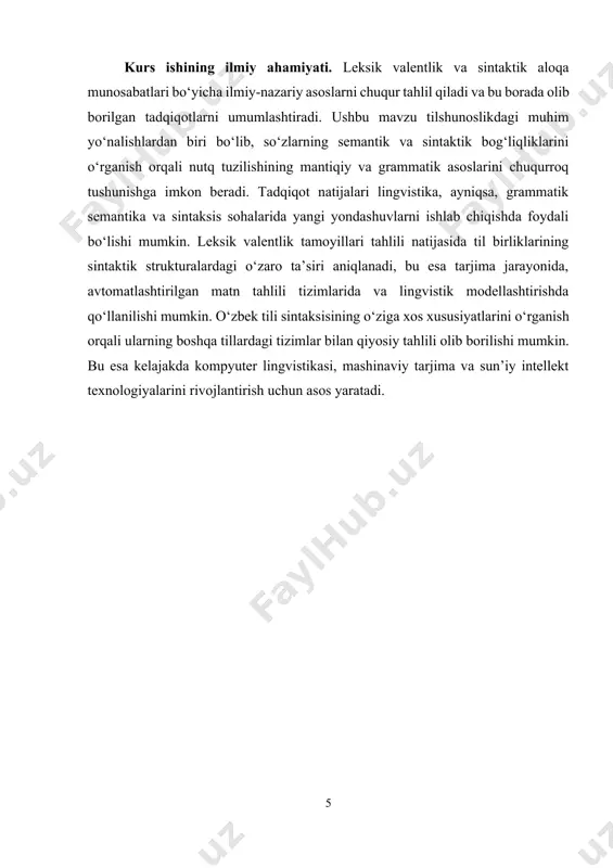 ‘ri sanaladi, chunki "yaxshi" sifati insoniy xususiyatlar bilan bog‘liq. bundan tashqari, leksik valentlik grammatik cheklovlarga ham ega. masalan, fe’l bilan bog‘lanadigan to‘ldiruvchi yoki aniqlovchi so‘zlarning grammatik kelishuvi qat’iy qoidalarga bo‘ysunadi. "yozuvchi kitobi" iborasi grammatik jihatdan noto‘g‘ri bo‘lib, "yozuvchining kitobi" shaklida to‘g‘ri ishlatiladi. leksik valentlikni o‘rganish nutq tahlili, lingvistik tadqiqotlar, tarjima amaliyoti, kompyuter lingvistikasi va avtomatlashtirilgan matn tahlili kabi sohalar uchun muhim ahamiyatga ega. ushbu tushuncha orqali tilshunoslar so‘z birikmalarining hosil bo‘lish qoidalarini o‘rganib, til me’yorlarini shakllantirishga yordam beradi. leksik valentlik tahlili nutq madaniyatini rivojlantirish, xorijiy tillarni o‘rgatish, sun’iy intellekt uchun matn yaratish va avtomatik tarjima tizimlarini ishlab chiqishda ham qo‘llaniladi. bu so‘zlarning bir-biri bilan bog‘lanish imkoniyatlarini to‘g‘ri tushunish orqali yanada tabiiy va izchil matnlar yaratishga imkon beradi. so‘zlarning bir-biri bilan bog‘lanish qobiliyati tilshunoslikda leksik valentlik bilan bog‘liq bo‘lib, so‘zlarning qanday kombinatsiyalar hosil qila olishini belgilaydi. har bir so‘z o‘zining lug‘aviy ma’nosi, grammatik xususiyatlari va nutqiy qo‘llanilishiga qarab faqat muayyan so‘zlar …
