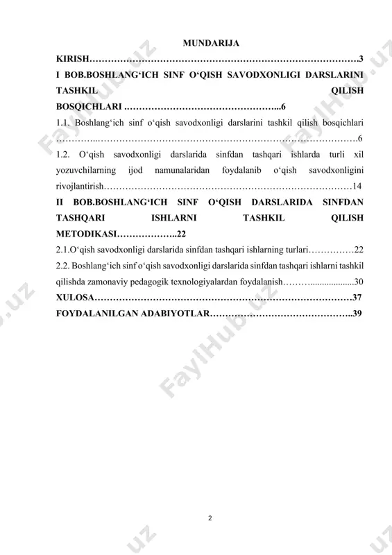 monaviy ilm-fan, kasb-hunar va madaniyatga oshno etish bo‘yicha ulkan ishlarni amalga oshirgan edilar. ana shunday mushtarak maqsadlar, umummilliy birlik va ahillik bugun biz uchun har qachongidan ham muhim ahamiyat kasb etmoqda”, — dedi prezident. hozirgi kunda ta’lim tizimida o‘quvchilarning o‘qish savodxonligini rivojlantirish eng muhim vazifalardan biri hisoblanadi. o‘qish savodxonligi nafaqat matnni mexanik ravishda o‘qib chiqishni, balki uni chuqur tushunish, tahlil qilish, tanqidiy baholash va amaliy hayotda qo‘llash qobiliyatini anglatadi. zamonaviy pedagogika fanida sinfdan tashqari ishlar o‘quvchilarning bilim, ko‘nikma va malakalarini mustahkamlash, qiziqishlarini rivojlantirish hamda shaxsiy salohiyatlarini ro‘yobga chiqarish uchun muhim vosita sifatida e’tirof etilgan. o‘qish savodxonligi sohasida sinfdan tashqari ishlarni tashkil etish o‘quvchilarning kitob o‘qish madaniyatini shakllantirish, ijodiy fikrlash qobiliyatlarini rivojlantirish va mustaqil ta’lim olish ko‘nikmalarini hosil qilishda alohida ahamiyat kasb etadi. respublikamizda ham o‘qish madaniyatini oshirish, yoshlarni kitob o‘qishga qiziqtirish va ularning intellektual salohiyatini rivojlantirish davlat siyosatining muhim yo‘nalishlaridan biri bo‘lib belgilangan. bu borada sinfdan tashqari ishlarning ilmiy asoslangan …