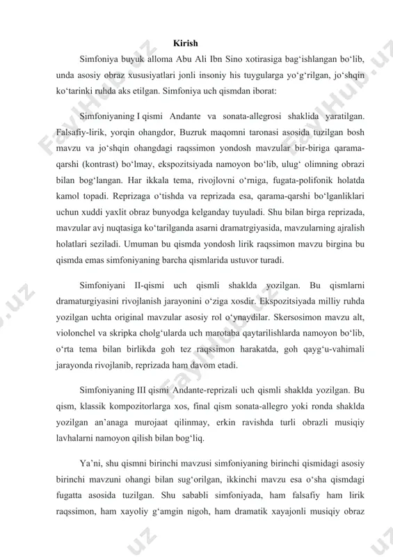 onata-allegro yoki ronda shaklda yozilgan an’anaga murojaat qilinmay, erkin ravishda turli obrazli musiqiy lavhalarni namoyon qilish bilan bog‘liq. ya’ni, shu qismni birinchi mavzusi simfoniyaning birinchi qismidagi asosiy birinchi mavzuni ohangi bilan sug‘orilgan, ikkinchi mavzu esa o‘sha qismdagi fugatta asosida tuzilgan. shu sababli simfoniyada, ham falsafiy ham lirik raqssimon, ham xayoliy g‘amgin nigoh, ham dramatik xayajonli musiqiy obraz lavhalar jaranglaydi va final mayusli lirik xayoliy musiqiy yaxlit his-tuyg‘uli ohang bilan tugaydi. umuman simfoniyani yaxlit holda xuddi sonata-allegrosi shakliga o‘xshab ketadi. birinchi qismida falsafiy lirik musiqa ikkinchi qismda skertso va uchinchi qismida xayoli olis-olislarga chorlovchi musiqa bir oz sukunatga ham cho‘miltiradi. shu bilan birga aytish joizki, simfoniyani tematizmlarini tuzishda ham kompozitorning musiqiy tiliga xos yaxlitlik bor. ya’ni har bir mavzu uch (ohang) jumladan iborat. bunday mavzu tuzish simfoniyani birinchi qismini tuzilishiga xos. shunday qilib simfoniyadagi boshqa qismlar birinchi asosiy mavzuning ohanglari bilan bog‘langan holda tuzilgan. m.bafoyev o‘zbek musiqa ijodiyotida yorqin asarlar yaratib …