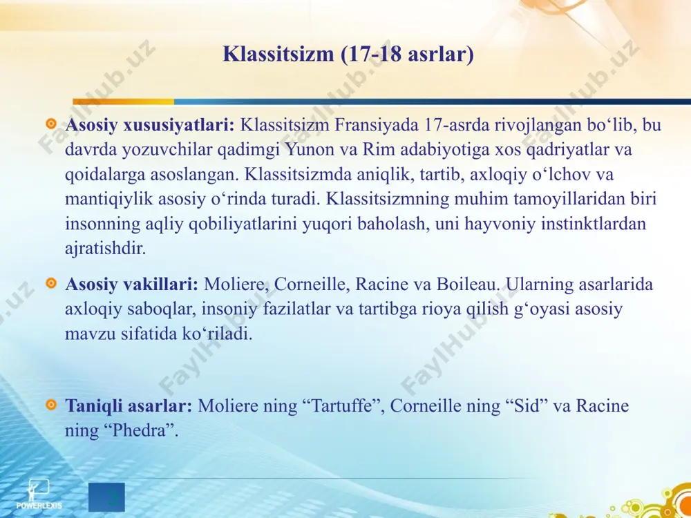 g‘unlik g‘oyalarini aks ettirgan. romantik yozuvchilar insonning shaxsiy his-tuyg‘ularini, yuksak ruhiy holatini, erkinlik va individullikni ulug‘laydilar. romantizmda idealistik qarashlar, o‘ziga xos muhit va sirli voqealar muhim o‘rin tutadi. asosiy vakillari: byron, shelley, goethe, hugo, lamartin. taniqli asarlar: goethe ning “yosh verterning iztiroblari”, victor hugo ning “parij notr-dami”, byron ning “chayld harold”. romantizm (18-asr oxiri - 19-asr boshida) realizm (19-asr) asosiy xususiyatlari: realizm xix asrning ikkinchi yarmida paydo bo‘lib, jamiyatni boricha tasvirlash, inson va ijtimoiy hayotning haqiqatini ochib berishga intiladi. realist yozuvchilar turli tabaqadagi odamlarning turmush tarzini, ularning ichki va tashqi muammolarini tasvirlashga urg‘u beradilar. bu yo‘nalish inson tabiatini aniq tasvirlash orqali ijtimoiy muammolarga yechim topishga intiladi. asosiy vakillari: stendal, balzac, tolstoy, dostoevskiy, flaubert, turgenev. taniqli asarlar: balzakning “inson komediyasi”, tolstoy ning “urush va tinchlik”, dostoevskiy ning “jinoyat va jazo”. naturalizm (19-asr oxiri) asosiy xususiyatlari: naturalizm realizmning davomchisi sifatida qaraladi, ammo unda inson hayotining biologik va ijtimoiy omillariga katta ahamiyat qaratiladi. …