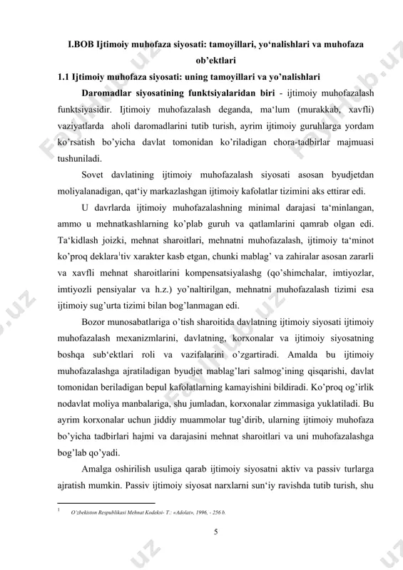 ijtimoiy sug’urtasi, respublika byudjeti mablag’lari, mahalliy byudjetlar mablag’lari. iqtisodiyotni isloh qilish davrida ijtimoiy ta‘minotning jamoat tashkilotlari va xususiy shaxslar faoliyati bilan bog’liq shakllari rivoj topadi. mehnatkashlarni ijtimoiy muhofazalashni bir vaqtning o’zida amal qiladigan va bir-birini to’ldiruvchi to’rtta quyi tizimga ajratish mumkin. bular: davlat ijtimoiy ta‘minoti, davlat ijtimoiy sug’urtasi, jamoa ijtimoiy sug’urtasi va shaxsiy sug’urta. davlat ijtimoiy ta‘minoti aholining ijtimoiy zaif qatlamlariga pulli nafaqalar vositasida ko’rsatiladigan yordamdir. soliqlar va boshqa byudjet tushumlari hisobiga moliyalanadigan bu yordam ularga belgilangan minimal turmush darajasini kafolatlaydi. davlat ijtimoiy sug’urtasi zarur turmush darajasini kafolatlaydi. u majburiy bo’lib, ish beruvchilar va mehnatkashlarning sug’urta badallari, davlat tomonidan ajratiladigan dotatsiyalar hisobiga moliyalanadi. jamoa sug’urtasi etarli turmush darajasini kafolatlaydi. u majburiy yoki ixtiyoriy ravishda amalga oshirilishi mumkin, bunda ish beruvchilar va mehnatkashlarning sug’urta badallari to’lov manbalari bo’lib xizmat qiladi. shaxsiy sug’urta farovonlikning yuqori darajasini kafolatlaydi, u ixtiyoriy ravishda, fuqarolarning sug’urta badallari hisobiga amalga oshiriladi. birinchi ikki quyi tizimning ish tamoyili …