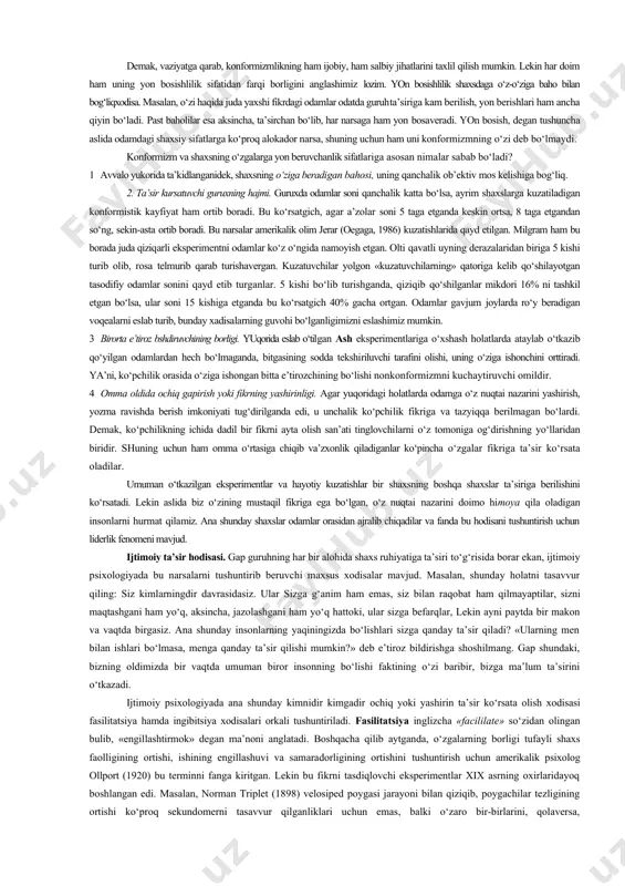 adi. guruhlarda psixologik o‘zaro moslik. guruh hayoti va undagi a’zolarning o‘zlarini yaxshi his qilishlari ko‘p jihatdan ularning hamkorlikda ishlay olishlari va bir-birlariga ijobiy munosabatda bo‘la olishlariga bog‘liq bo‘lib, bu hodisa psixologiyada psixologik moslik tushunchasi bilan tushuntiriladi. psixologik moslik deganda, guruh a’zolari sifatlari va qarashlarining aynanligi emas, balki ular ayrim sifatlarining mos kelishi, qolganlarining kerak bo‘lsa, tafovut qilishi nazarda tutiladi. moslikning mezoni sifatida n.obozov quyidagilarni ajratadi: a) faoliyat natijalari; b) a’zolarning sarflagan kuch-energiyalari; v) faoliyatdan qoniqish. ikki xil o‘zaro moslik farqlanadi: psixofiziologik va ijtimoiy psixologik. psixofiziologik moslikda faoliyat jarayonida odamlarning bir xil va mos tarzda harakat qila olishlari, reaksiyalar mosligi, ish ritmi va tempidagi uyg‘unliklar nazarda tutilsa, ijtimoiy-psixologik moslikda ijtimoiy xulqdagi moslik – ustanovkalar birligi, ehtiyoj va qiziqishlar, qarashlardagi monandlik, yo‘nalishlar birligi nazarda tutiladi. birinchi xil moslik ko‘proq konveyer usulida ishlanadigan sanoat korxonalari xodimlarida samarali bo‘lsa, bu oliygoh o‘qituvchilari, ijodiy kasb egalarida iloji yo‘q va bo‘lishi mumkin ham emas, ularda ko‘proq …