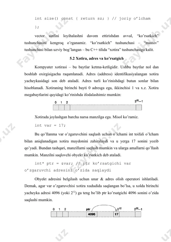 e’tiboringizni qarating: ko’rsatkich qiymati butun son hisoblanishiga qaramasdan, ko’rsatkichning o’zi butun son hisoblanmaydi. “int nimaga yo’naltiriladi?” – noto’g’ri savol. butun sonlar emas, ko’rsatkichlar yo’naltiriladi. ko’rsatkich toifasi manzillar ustida amallarni bajarish imkonini beradi, shu vaqtning o’zida int toifasi butun sonlar ustida amallar bajarishga imkon beradi (arifmetik va mantiqiy). demak, ko’rsatkich va butun sonlarni aralashtirish mumkin emas. int i = pi; // xato: int* toifasi obyektini int toifasi obyekti bilan o’zlashtirish mumkin emas pi = 7; // xato: int toifasi obyektini int* toifasi obyektiga o’zlashtirish mumkin emas char (ya’ni char*) ga ko’rsatkich – bu int (ya’ni int*) ga ko’rsatkich emas. misol ko’ramiz. pc = pi; // oshibka: nelzya prisvoit obyekt tipa int* // obyektu tipa char* pi = pc; // oshibka: nelzya prisvoit obyekt tipa char* // obyektu tipa int* nima uchun pc o’zgaruvchini pi o’zgaruvchiga o’zlashtirish mumkin emas? bunga javob sifatida shuni aytish mumkinki — char belgi int toifasidan kichikroq. char …