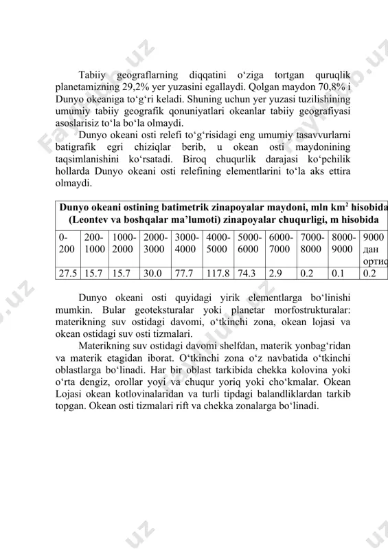 ko‘tarilma hammasi shimoliy muz okeani 7.6 2.8 0.9 10.8 - - - - 3.3 1.1 4.4 0.5 5527 hind okeani 4.4 8.7 9.7 22.6 0.8 0.5 0.5 1.8 35.6 4.0 39.6 12.9 7209 atlantika okeani 9.3 7.7 12.5 29.5 1.3 3.0 0.5 4.8 29.4 4.6 34.0 22.3 8742 tinch okeani 9.7 5.4 3.1 18.2 3.9 16.2 3.9 24.0 91.4 25.4 116.8 19.6 11022 dunyo okeani 31.0 21.6 25.9 81.5 6.1 19.7 4.9 60.6 159.7 35.1 194.8 55.3 11022 ma’lumki, materik va okean lojasi ostida ham yer qobig‘i bir xil tuzilishga ega emas. materiklar uchun harakterli bo‘lgan yer qobig‘ini tiplari materikni deb yurtiladi. materik qobig‘ining qalinligi o‘rtacha 35 km ga yaqin. u 3 ta qatlamdan iborat. yuqori qatlam cho‘kindili qatlam. undan pastda granitli qatlam bo‘lib, to‘lqinlarni tarqalish tezligi 6 km/sek. qatlamni qalinligi 15 – 17 km. undan pastda zich jinslardan tuzilgan bazaletli qatlam bor. to‘lqinni tarqalish tezligi 6,7 – 7,2 km/sek. …