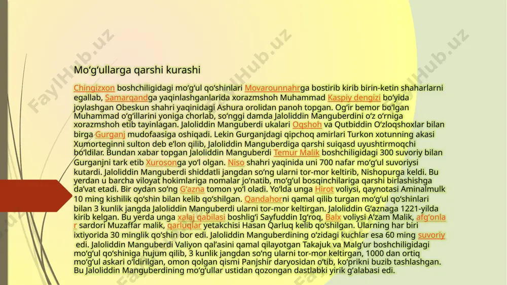 ar bizning qudratimizni bilmoqchi bo‘lsangiz, qurgan binolarimizga boqing» deganda amir temur, avvalo, o‘z xalqiga, kelajak avlodlariga murojaat qilgan, desak yanglishmaymiz. “xulosa qilib aytganda, temuriylar davri ilm-fan, ma’rifat, ma’naviyat va madaniyati jahon sivilizatsiyasi rivojiga ulkan hissa bo‘lib qo‘shildi. bunda ulug‘ bobomiz, davlat arbobi, sarkarda sohibqiron amir temurning xizmatlari beqiyos va benazirdir. buni hammamiz, ayniqsa siz talaba yoshlar to‘g‘ri anglamog‘ingiz lozim, ul ulug‘ zot ila faxrlanish barchamizning burchimiz…”-dedi podpolkovnik m.shermatov navdpi “fizika-texnologiya” fakulteti talabalari bilan o‘tkazilgan davra suhbatida. 6 amir temur (eski turkcha: امیر تیمور – amir temur) (1336-yil 9-aprel – 1405-yil 18-fevral) – oʻrta asrlarning buyuk turk askari va qoʻmondoni, temuriylar imperiyasi asoschisi, oltin oʻrda, mamluk sultonligi, dehli sultonligi, usmonli davlati, kavkaz va erondagi davlatlarni barisini yengishi ortidan musulmon olamining toʻla yetakchisi, yeri 4,4 mln km² ga yetishgan 14-yuzyilliknig eng kuchli davlati quruvchisi, 35 yillik boshqaruvi va yurishlari chogʻida biror urushni yutqazmagan qoʻshinboshi, oʻtmishda koʻrilgan uchta buyuk harbiy-taktik urush va yurush …