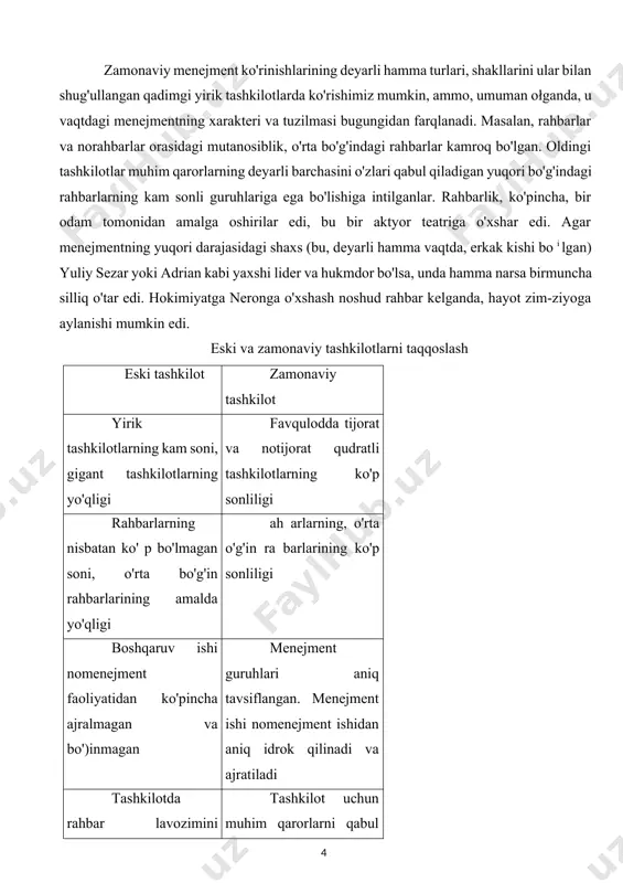 uzilma: papa, kardinal, arxiyepiskop, yepiskop va prixodskoy svyashennik. bu xristianlik asoschilari tomonidan belgilab berilgan tuzilma hozirgi paytda ham muvaffaqiyatli ravishda ishlab turibdi va bugun paydo bo'lgan ko'p tashkilotlar tuzilmasiga qaraganda ancha «zamonaviydir». balki bu ayrim amaliy tashkilotlar ham, butun xalqlar ham paydo bo'lib yo'q bo'layotgan bir paytda rim katolik cherkovining ko'p asrlar davomida gullaganining muhim sababi bo'lsa kerak. zamonaviy harbiy tashkilotlar ham ko'p tomonlama qadimgi rim tashkilotlariga juda o'xshaydi. ammo, qadimdagi boshqaruv va tashkilotlar zamonaviylaridan sezilarli darajada farq qiladi. garchi tashkilotlar, dunyo qancha mavjud bo'lsa, deyarli shuncha mavjud bo'lsa-da, xali hech kim xx asrgacha tashkilotlarni qanday qilib tartibli ravishda boshqarish ustida o'ylab ko'rmaganga o'xshaydi. insonlarni tashkilotlarni boshqarish emas, balki ulardan foydalanib, ko'proq mablag' orttirish, kuchli siyosiy hukmronlikka ega bo'lish qiziqtirgan. hatto tashkilotni samarali boshqarishdan kelib chiqadigan pragmatik ko'rinishdagi manfaat ham menejment usullariga va vositalariga astoydil qiziqish uyg'ota olmagan. xx asr boshlarida robert ouen ko'p vaqtini boshqa insonlar yordamida tashkilot maqsadlariga …