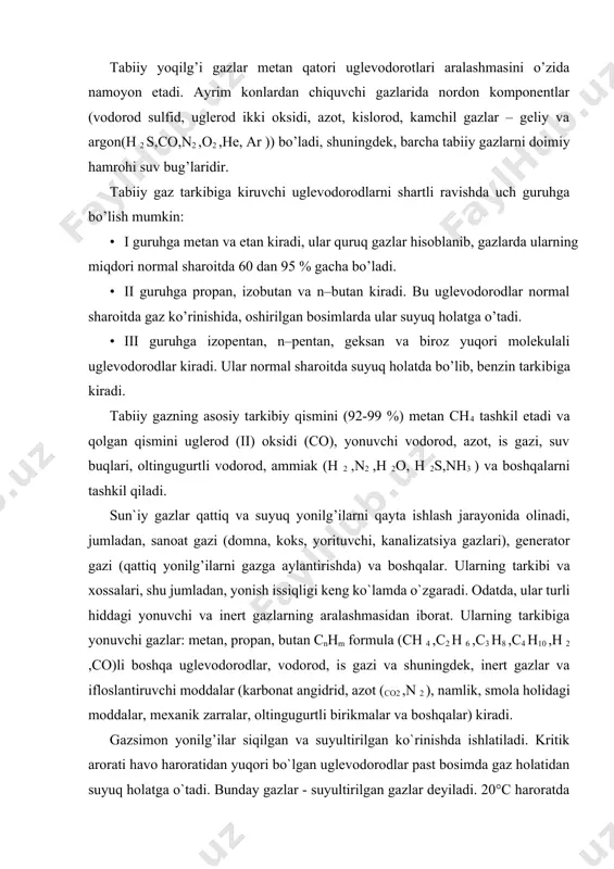 azlar va ifloslantiruvchi moddalar (karbonat angidrid, azot (со2 ,n 2 ), namlik, smola holidagi moddalar, mexanik zarralar, oltingugurtli birikmalar va boshqalar) kiradi. gazsimon yonilg’ilar siqilgan va suyultirilgan ko`rinishda ishlatiladi. kritik arorati havo haroratidan yuqori bo`lgan uglevodorodlar past bosimda gaz holatidan suyuq holatga o`tadi. bunday gazlar - suyultirilgan gazlar deyiladi. 20°c haroratda propanni suyuq holatga o`tkazish uchun 0,85 mpa, butan uchun 0,2 mpa bosim talab qiladi[footnoteref:1]. [1: mohamed a.fahim, taher a.alsahhaf, amal elkilani. fundamentals of petroleum refining.©2010. elsevierb.v.237-259p. ] siqilgan gazlar kritik harorati havo haroratidan past bo`lgan uglevodorodlar hisoblanadi. siqilgan gazning asosiy tarkibiy qismi bo`lgan metanni suyuq holatga o`tkazish uchun - 82°c harorat talab etiladi. atmosfera bosimida esa metan - 161°c haroratda ham suyuq holatga o`tadi. - 82°c haroratdan yuqori bo`lganda har qanday yuqori bosimda ham metan suyuq holatga o`tmaydi. gazlarni qayta ishlashning mohiyati shundaki, ularni tarkibidan nordon komponentlar va namlikni yo’qotish, so’ngra bu gazlardan i va ii guruh uglevodorodlarini ajratishdan …