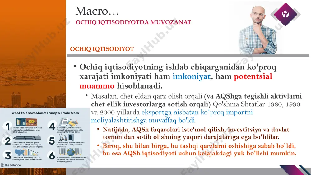 particular, by importing more than they export and borrowing from abroad to pay for the difference, the residents of an open economy can temporarily spend more than they produce. ‹#› macro… ochiq iqtisodiyotda muvozanat ochiq iqtisodiyot in particular, by importing more than they export and borrowing from abroad to pay for the difference, the residents of an open economy can temporarily spend more than they produce. ‹#› macro… equilibrium in open economy in particular, by importing more than they export and borrowing from abroad to pay for the difference, the residents of an open economy can temporarily spend more than they produce. ‹#› macro… ochiq iqtisodiyotda muvozanat ochiq iqtisodiyot ca va (k) fa o'rtasidagi munosabat joriy balans (ca) + kapital va moliyaviy hisob balansi (kfa) = 0. nima uchun? har qanday xalqaro bitim mamlakatlar o'rtasida tovarlar, xizmatlar yoki aktivlarni almashtirishni o'z ichiga oladi. almashtirishning ikki tomoni o'rnini bosuvchi ta'sirga ega. …