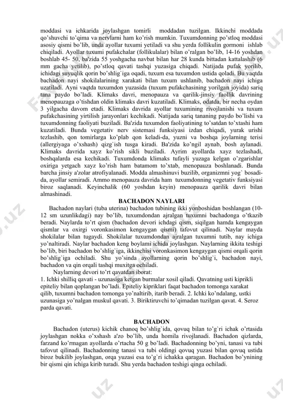 terisi uning boshi tomonga yaqinlashgan sari yupqalashadi va olat boshiga yetganda erkin qoplab turuvchi qismga aylanadi. yorg`oq. yorg`oq.(scrotum, 131-rasm) — teri xaltacha bo’lib, unda moyaklar joylashgan. moyak joylashgan xalta qavatdan iborat. 1. eng ustki teri qavati to’qroq rangli, yupqa va nozik bo’lib, moylik modda va teri ishlab chiqaruvchi bezlarga boy bo’ladi.133 – rasm. erlik olati. 1- siydik chiqarish naychasining tashki teshigi, 2- olat boshchasi, 3- olat tanasi, 4,10- g`ovak tana muskullari, 5-olat arteriya va venasi, 6- kuper bezi, 7- oraliqning kundalang muskuli, 8- siydik chiqarish yo’lining siquvchi muskul, 9 - govak tanalarning qov suyagiga yopishgan qismi, 10, 11-olatning g`ovak tanasi. 2. go’shtdor parda — har qaysi moyakni aloxida o’ragan teri osti biriktiruvchi to’qimadan tuzilgan. ikkala moyak xaltasi o’rtada o’zaro qo’shilib, yorg’oq devorini hosil qiladi. 3. tashqi urug’ fassiyasi — qorin devoridagi muskullarni ustidan qoplovchi fassiyaning yorg’oqdagi davomidir. 4. moyakni ko’taruvchi muskul fassiyasi — shu nomdagi muskulni qoplagan fassiya bo’lib, chov …