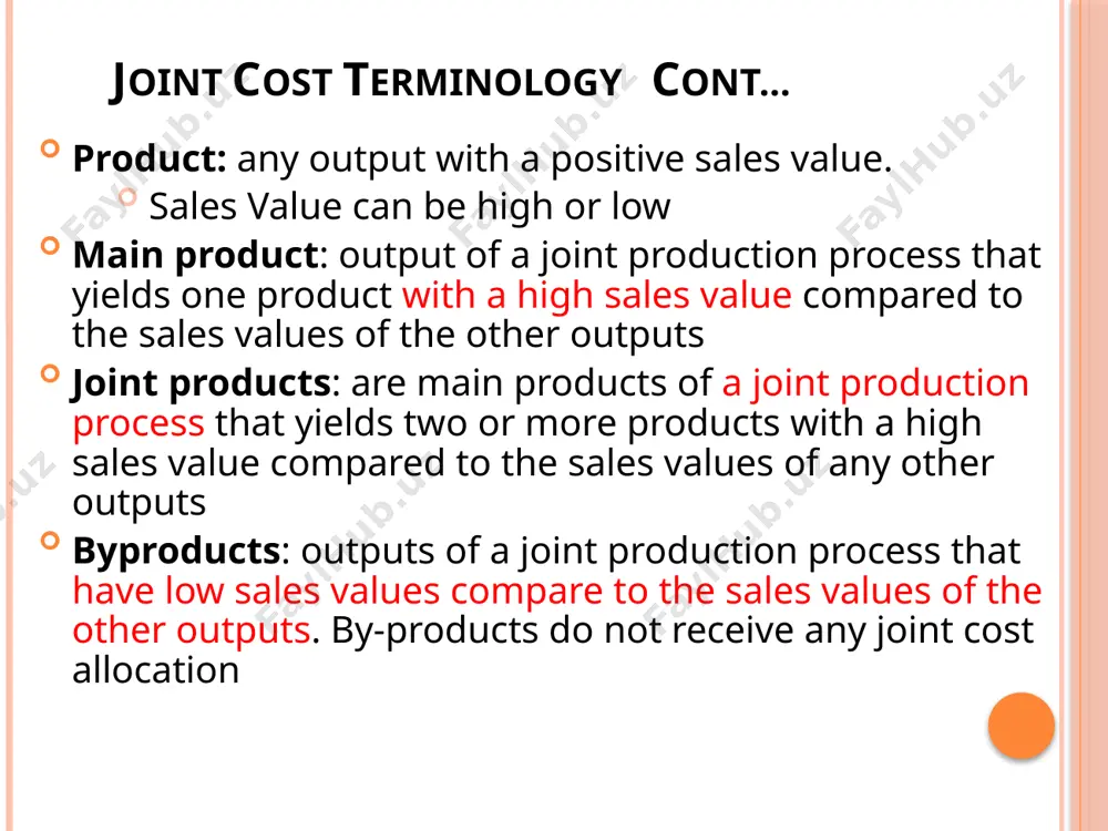 ss : separable cost 280,000 520,000 800,000 nrv 220,000 580,000 800,0000 nrv ratio 27.5% 72.5% 22 joint cost allocation joint cost 400,000 allocation butter cream condensed milk to better cream (0.275*400,000) br110,000 to condensed milk(.725*400,000) br. 290,000 cost per unit ( joint cost + separable cost/ production) butter cream birr 110,000+280,000/20,000g = br19.5/g condensed milk birr 290,000+520,000/50,000g = br 16.2/g shola milk s.c income statement for the year ended sene30,2010 product butter cream condensed milk total sales (12,000*25,45,000*22) br 300,000 br. 990,000 br 1,290,000 cgs( 12,000*19.5,45,000*16.2) 234,000 729,000 963,000 gross profit 66,000 261,000 327,000 gp %( gp/sales) 22% 26.36% 25.34% 4. constant gross margin method allocates joint costs to joint products in a way that the overall gross-margin percentage is identical for the individual products. joint costs are calculated as a residual amount. total product cost(jc+sc) = total production sales – total production gp thus, joint cost(jc) = product cost …