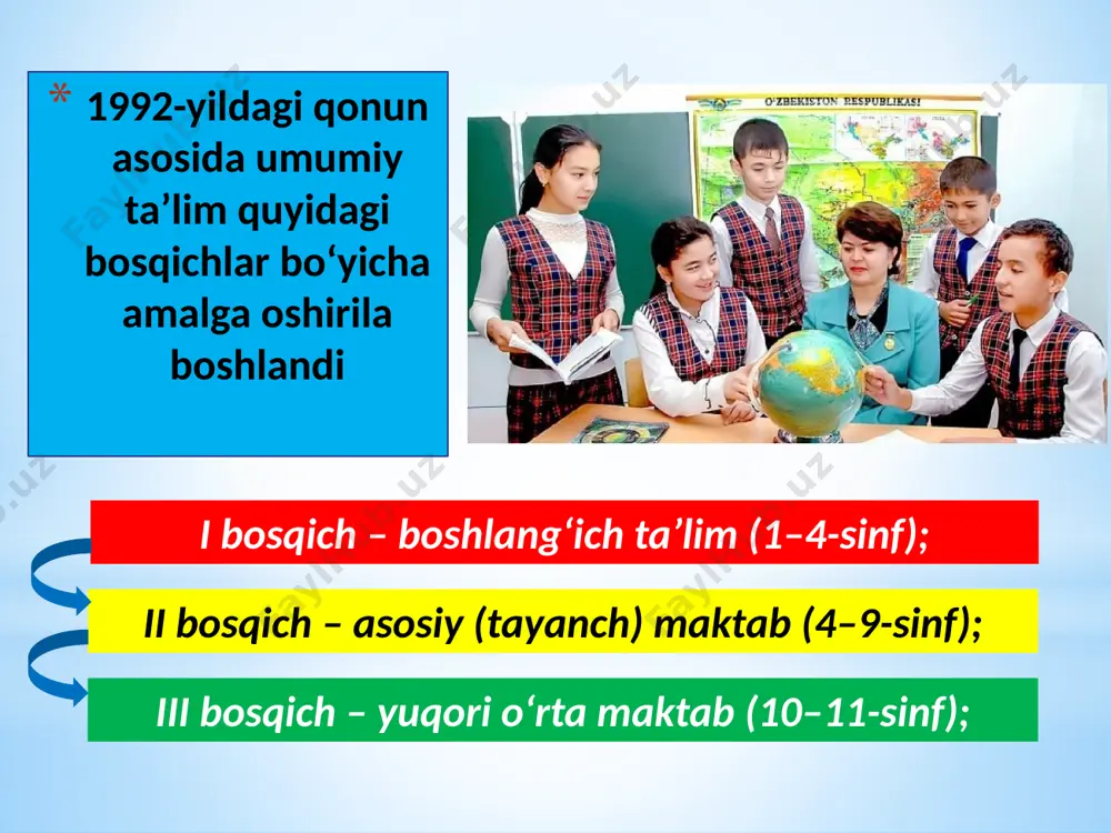 l davlat test markazi tashkil etilib, shu yildan boshlab oliy ta’lim muassasalariga test orqali qabul joriy etildi. 1997-yilgi “ta’lim to‘g‘risida”gi qonunga muvofiq, 5 yillik oliy ta’limdan 4 yillik bakalavriat va 2 yillik magistratura bosqichlaridan iborat ikki pog‘onali tizimga o‘tildi. oliy ta’limdan keyingi ta’lim. 2012-yilga qadar aspirantura (3 yil) va doktorantura (3 yil)dan iborat bo‘lib, 2012–2017-yillarda bir bosqichli doktorantura faoliyat olib bordi. bakalavr magistratura aspirantura doktorantura 2013–2017-yillar oralig‘ida faqat 360 ga yaqin tadqiqotchi doktorlik dissertatsiyasini himoya qilgan. 2017 yilning 1-iyulidan boshlab oliy o‘quv yurtidan keyingi ta’limning ikki pog‘onali tizimi joriy etildi. birinchisi – dissertatsiya himoya qilish va tegishli fan tarmog‘i bo‘yicha falsafa doktori (phd) ilmiy darajasini berishni nazarda tutuvchi tayanch doktorantura. ikkinchisi – dissertatsiya himoya qilish va tegishli fan tarmog‘i bo‘yicha fan doktori (doctor of science) ilmiy darajasini berishni nazarda tutuvchi doktorantura tizimidir oliy ta’lim 2017 yil 27 iyul - “oliy ma’lumotli mutaxassislar tayyorlash sifatini oshirishda iqtisodiyot sohalari va tarmoqlarining ishtirokini …
