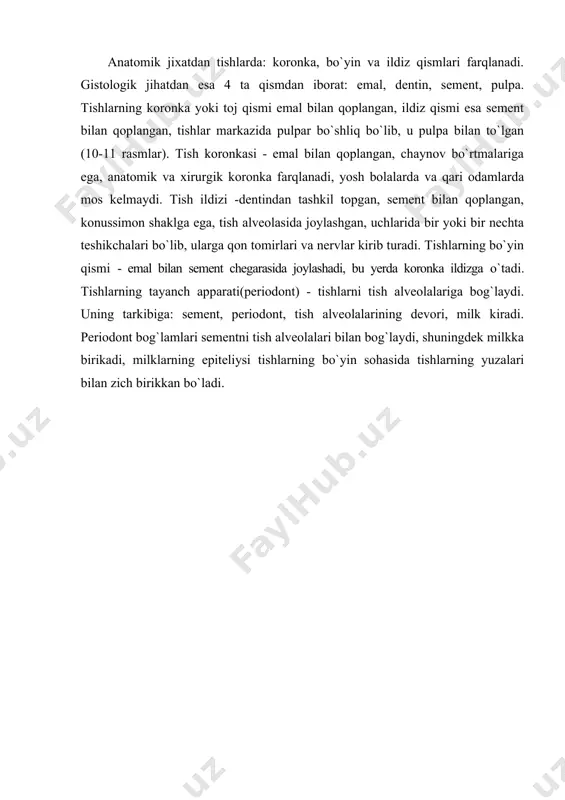 rlar, 27 - periodontdagi siyrak tolali biriktiruvchi to`qima qatlamlari, 28 - tish alveolasining plastinkasimon suyak to`qimasi. rasm. tish qismlari tuzilish sхemasi. emal. 95-96 % mineral tuzlardan (gidroksiapatit, karbonatapatit, ftorapatit va boshq.), 1,2% - organik moddalardan, 3,8% - suvdan iborat. hujayralar tutmaydi, qayta tiklanmaydi, lekin ularda ionlar almashinuvi sodir bo`ladi. struktur-funksional birligi - emal prizmalari, prizmalar orasida - yelimlovchi prizmalararo modda; tashqaridan kutikula bilan qoplangan (rasm). emal prizmalari - emal bo`ylab tutam bo`lib radial yo`nalgan bo`lib, s-simon qayrilgan. prizmalar ko`ndalang kesmada oval, poligonal yoki qulfsimon bo`ladi, diametri 3-5 mkm. organik matriksi ingichka fibrillyar to`r bo`lib, unda gidroksiapatit va kalsiyfosfat joylashgan. kristallar orasida mikroskopik bo`shliqlar suv bilan to`lgan. prizmalarda yorug` va to`q chiziqlar aniqlanadi, ular emalning sutkalik hosil bo`lishi davrlariga mos keladi. rasm. emal shlifining skanerlangan elektron mikroskopiyasi. a - emal prizmalari prizmalararo modda - qalinligi 1 mkm dan kam, tuzilishiga ko`ra prizmalarga o`хshash, lekin kam minerallashgan, kamroq mustahkam, gidroksiapatit kristallari prizmalar …