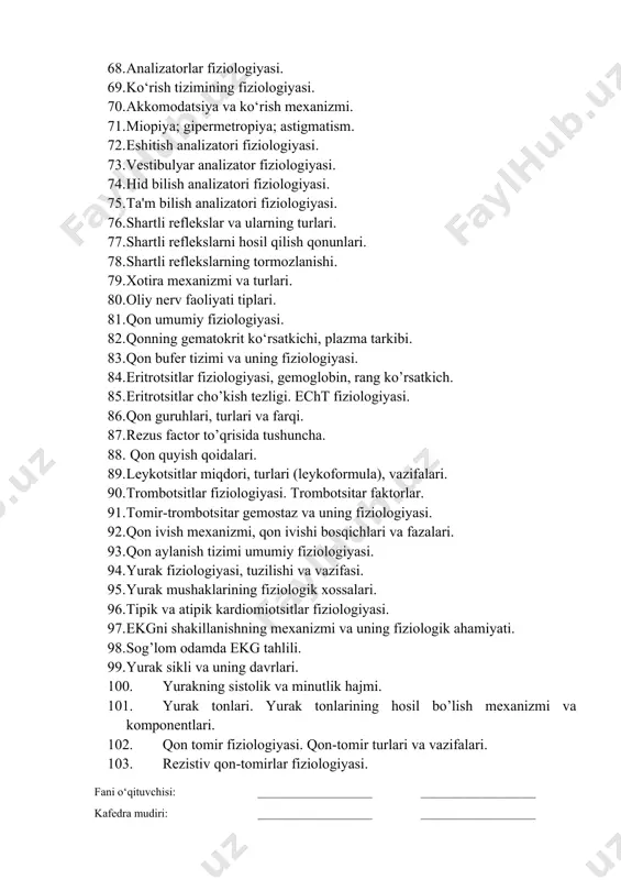 rtli reflekslar va ularning turlari. 77. shartli reflekslarni hosil qilish qonunlari. 78. shartli reflekslarning tormozlanishi. 79. xotira mexanizmi va turlari. 80. oliy nerv faoliyati tiplari. 81. qon umumiy fiziologiyasi. 82. qonning gematokrit ko‘rsatkichi, plazma tarkibi. 83. qon bufer tizimi va uning fiziologiyasi. 84. eritrotsitlar fiziologiyasi, gemoglobin, rang ko’rsatkich. 85. eritrotsitlar cho’kish tezligi. echt fiziologiyasi. 86. qon guruhlari, turlari va farqi. 87. rezus factor to’qrisida tushuncha. 88. qon quyish qoidalari. 89. leykotsitlar miqdori, turlari (leykoformula), vazifalari. 90. trombotsitlar fiziologiyasi. trombotsitar faktorlar. 91. tomir-trombotsitar gemostaz va uning fiziologiyasi. 92. qon ivish mexanizmi, qon ivishi bosqichlari va fazalari. 93. qon aylanish tizimi umumiy fiziologiyasi. 94. yurak fiziologiyasi, tuzilishi va vazifasi. 95. yurak mushaklarining fiziologik xossalari. 96. tipik va atipik kardiomiotsitlar fiziologiyasi. 97. ekgni shakillanishning mexanizmi va uning fiziologik ahamiyati. 98. sog’lom odamda ekg tahlili. 99. yurak sikli va uning davrlari. 100. yurakning sistolik va minutlik hajmi. 101. yurak tonlari. yurak tonlarining hosil bo’lish …