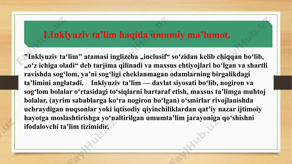 folatladi. presentation template by 1994 yilning 7-10 iyunь kunlarida ispaniyaning salamanka shahrida 2-yirik umumjahon konferentsiyasi boʼlib oʼtdi. mazkur konferentsiya “salamanka deklaratsiyasi va alohida yordamga muhtoj bolalar taʼlimining kelgusida ijrosini taʼminlash ramkasi” deb atalib, shu yili “salamanka bayonoti va ish faoliyat rejasi” nom bilan uning ish mazuni nashr etildi. salamanka bayonoti va ish faoliyati rejasining asosiy yetakchi tamoyili shundan iboratki, maktablar barcha bolalarni, ularning jismoniy, aqliy, ijtimoiy, hissiy, tili va boshqa xususiyatlaridan qatʼiy nazar oʼqishga qabul qilishlari lozim. presentation template by gospital pedagogika tushunchasi maqsad,vazifasi va tamoyillari gospital pedagogikasi - uzoq muddatli davolanayotgan va sog'lig'i sababli ta'lim tashkilotlariga bora olmaydigan bolalarni o'qitishni tashkil etish bilan bog'liq pedagogika bo'limi. gospital pedagogikasi pedagogikaning bir qismi bo'lib, o'z e'tiborini o'quvchilarning alohida toifasiga — uzoq muddatli davolanishga muhtoj bolalarga qaratadi. presentation template by pedagogikaning ushbu yo'nalishini amalga oshirish va rivojlantirishning murakkabligi idoralararo mansubligi bilan belgilanadi: ta'lim, sog'liqni saqlash va ijtimoiy himoya, — chunki kasalxonada uzoq …