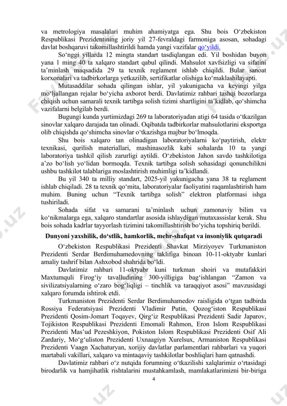 asaddilar bosh rejaning shu kabi asosiy ko‘rsatkichlari bo‘yicha axborot berdi. davlatimiz rahbari toshkent shahrini kamida 7,5 million odam yashashi va ishlashi uchun qulay sharoitga ega yirik megapolisga aylantirish zarurligini ta’kidladi. toshkent viloyatining qibray, zangiota, yuqorichirchiq, o‘rtachirchiq va toshkent tumanlarini poytaxt bilan yaxlit aglomeratsiya asosida rivojlantirish bo‘yicha topshiriqlar berdi. yangi aeroport loyihasi bo‘yicha axborot berildi prezident shavkat mirziyoyev 9-oktyabr kuni buxoro xalqaro aeroporti qurilishiga oid taqdimot bilan tanishdi. mamlakatimizda aeroportlarni modernizatsiya qilish bo‘yicha katta ishlar amalga oshirilmoqda. shu yilning o‘zida shahrisabz, qo‘qon va zomin aeroportlari ishga tushirildi, namangan va andijonda esa modernizatsiya boshlandi. aeroportlar boshqaruviga xususiy sektor jalb qilinayotgani ham o‘z samarasini berayapti. xususan, samarqand xalqaro aeroporti xususiy boshqaruvga berilib, modernizatsiya qilingach parvozlar va yo‘lovchilar soni 5 barobarga oshgan. shunday salohiyat buxoroda ham bor. lekin u yerdagi aeroport aholi va turistlar talabiga javob bermayapti. mazkur aeroport soatiga 400 nafar yoki yiliga 1 million yo‘lovchiga xizmat ko‘rsata oladi, xolos. bu – talabga …