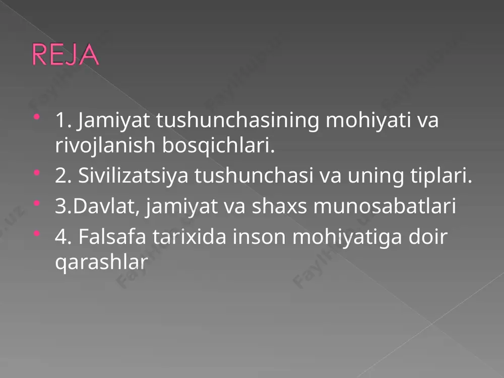 ия (тебраниш) тарзида мураккаб ҳаракатда бўлган ижтимоий-маданий тизимларнинг ранг-баранглигини тан олиш нуқтаи назаридан тавсифлаган. п.а.сорокин социологиясида ўтмиш ва ҳозирги социология фанининг муҳим ғоялари уйғун бирликда жамланган ва ифодаланган. жамият тушунчаси жамият- нинг вужудга келишига доир қарашлар жамиятнинг вужудга келиши ҳақида аждодларимиз ҳаётининг археологлар топган ва одамларнинг кўплаб авлодлари босиб ўтган мураккаб ва фожиаларга тўла тарихий йўлдан далолат берадиган изларга қараб хулоса чиқариш мумкин. шунга қарамай инсон ва жамият келиб чиқишининг тўлиқ манзараси фанда ҳанузгача яратилмаган.жамият келиб чиқишининг диний талқини ҳам (у ўз мифологиясини ҳақиқат деб тан олишни талаб қилади), идеалистик концепция (ўзининг спекулятивлиги туфайли) ва материализм (илмий далиллар етарли эмаслиги боис) ҳам асосли эътирозлар уйғотади. кант материализмдан инсон руҳининг табиатини тушунтирувчи тамойил сифатида фойдаланиш ҳеч қачон мумкин эмас, деганида, маълум маънода ҳақ эди. аммо, далилий маълумотлар озлигига қарамай, биз жамиятнинг вужудга келиш манзарасини анча аниқ яратиш имконини берадиган илмий далилларга ишонч билан қараш лозим деб ҳисоблаймиз жамиятнинг келиб чиқишини илмий …