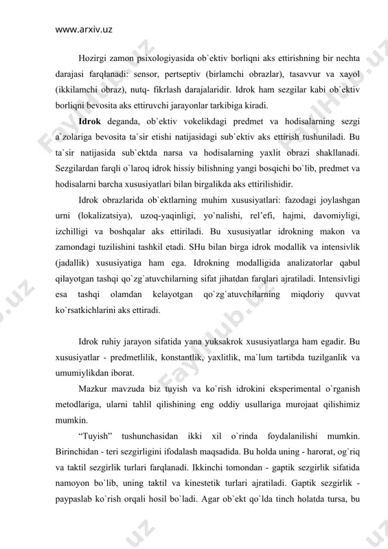 chidan - teri sezgirligini ifodalash maqsadida. bu holda uning - harorat, og`riq va taktil sezgirlik turlari farqlanadi. ikkinchi tomondan - gaptik sezgirlik sifatida namoyon bo`lib, uning taktil va kinestetik turlari ajratiladi. gaptik sezgirlik - paypaslab ko`rish orqali hosil bo`ladi. agar ob`ekt qo`lda tinch holatda tursa, bu passiv tuyish bo`ladi. tekshiriluvchi predmetni paypaslab ko`rganda faol tuyish haqida so`z borishi mumkin. predmetni paypaslab ko`rish jarayonida ikki qo`l ham ishtirok etsa bimanual tuyish hisoblanadi. predmetlarning shakli idrok qilishda aktiv va passiv tuyishning rolini aniqlash maqsadida quyidagi tajribani o`tkazish mumkin. tajriba iv bosqichdan iborat. har bir bosqichda qo`zg`atuvchi sifatida shakli va murakkabligi jihatidan turlicha bo`lgan 3 tadan figura yoki geometrik shakl beriladi. v bosqichda esa tuyish obrazlari hosil bo`lishida har ikki qo`lning o`zaro ta`siri o`rganiladi. tajriba jihozi - qattiq kartondan yasalgan burchaklari va shakli bir - biridan farq qiladigan geometrik shakllardir. tajriba natijalari i - iv bosqichlar uchun alohida va v bosqich uchun alohida …