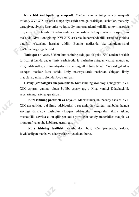 ning xronologik chegarasi xvi-xix asrlarni qamrab olgan bo‘lib, asosiy urg‘u xiva xonligi ddavlatchilik asoslarining tarixiga qaratilgan. kurs ishining predmeti va obyekti. mazkur kurs ishi nazariy asosini xvi-xix asr tarixiga oid ilmiy adabiyotlar, o‘rta asrlarda yozilgan manbalar hamda keyingi davrlarda nashrdan chiqqan adabiyotlar, maqolalar, ilmiy ishlar, mustaqillik davrida e’lon qilingan xolis yoritilgan tarixiy materiallar maqola va monografiyalar shu kabilarga qaratilgan. kurs ishining tuzilishi. kirish, ikki bob, to‘rt paragraph, xulosa, foydalanilgan manba va adabiyotlar ro‘yxatidan iborat. i bob. xiva xonligining tashkil topishi. siyosiy jarayonlar 1.1. xiva xonligining tashkil topishi xorazm hududida jami 20 ga yaqin o‘zbek qabilasi istiqomat qilar edi. ular orasida qo‘ng‘irot, mangit, nayman, qipchoq va qiyot qabilalari ko‘p sonli va eng kuchli qabilalar bo‘lgan. shayboniyxon bosqini arafasida xorazm temuriy sulton husayn boyqaro boshliq xuroson davlati tasarruflda edi. xorazmda qo‘ng‘irot qabilasidan chiqqan chin so‘fi hokim edi. u rasman husayn boyqaro noyibi hisoblanardi. 1505-yili shayboniyxon, 1510-yilda esa eron hukmdori shoh ismoil xorazmni …