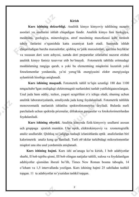 mikroelementlar miqdori ana shu usul yordamida aniqlanadi. kurs ishining hajmi. kurs ishi an’anaga ko’ra kirish, i bob adabiyotlar sharhi, ii bob tajriba qismi, iii bob olingan natijalar tahlili, xulosa va foydalanilgan adabiyotlar qismidan iborati bo’lib, times new roman bosma taboqda, 14 o’lcham va 1,5 intervallarda yozilgan. kurs ishining hajmi 25 sahifadan tashkil topgan. 11 ta adabiyotlar ro’yxatidan tashkil topgan. i bob. adabiyotlar sharhi 1.1. fotometrik analiz haqida umumiy ma’lumot fotometriya (foto... va metriya) — fizik optikaning manbalardan chiqib, turli muhitlarda tarqaladigan va jismlar bilan oʻzaro taʼsirlashadigan optik nurlanishning energetik koʻrsatkichlarini oʻrganadigan boʻlimi. fotometriya fotometrik kattaliklarni oʻlchashning eksperimental usullari va vositalarini xamda shu kattaliklarga tegi shli nazariy qoidalar va x.isoblarni oʻz ichiga oladi. fotometriyaning asosiy energetik tushunchasi nurlanish oqimi f(, boʻlib, uning fizik maʼnosi elektromagnit nurlanish tashiydigan oʻrtacha quvvatdir. tor maʼnoda fotometriya deb, yoruglik kattaliklari tizimiga tegishli (yoritilganlik, yoruglik kuchi, ravshanlik va h.k.) kattaliklarni oʻlchash va hisoblash tushuniladi. fotometrik kattaliklarning nurlanish …