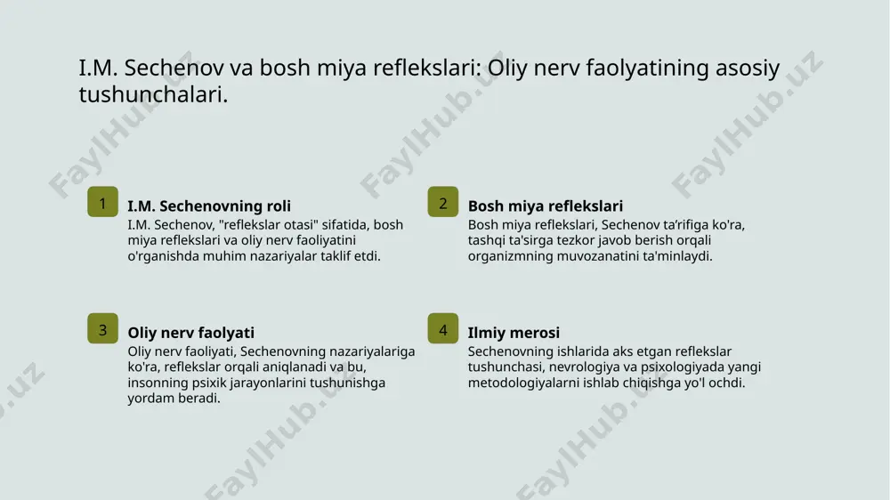 slar o'rtasidagi farqlarni tushunishga yordam berib, nevrologiyada yangi imkoniyatlar ochdi va ilmiy tadqiqotlar rivojlanishiga zamin yaratdi. 04 zamonaviy ta'sir pavlovning ishlaridan olingan darslar zamonaviy nevrologiya va psixologiyada davom etmoqda, shartli reflekslar tushunchasi muhim o'rin egallaydi. reflekslar va shartli reflekslar o'rtasidagi farqlar. reflekslar tushunchasi reflekslar, organizmning tashqi ta'sirga avtomatik javobi bo'lib, asab tizimining tezkor va oddiy reaksiyalarini ifodalaydi, bevosita bilish va his qilishdan farq qiladi. shartli reflekslar shartli reflekslar, shartli ta'sirlar orqali o'rganilgan javoblar bo'lib, ularning paydo bo'lishi uchun avvalgi tajribalar kerak, masalan, pavlovning itlari misolida. farqlar va ahamiyati asosiy farq shundaki, reflekslar tabiiy va avtomatik, shartli reflekslar esa o'rganilgan. bu farqlar hayvonlar va insonlar xulq-atvorini tushunishda muhimdir. i. pavlovning ishlarining zamonaviy nevrologiyadagi ahamiyati. 01 pavlovning asoslari i. pavlov reflekslar mexanizmlari va shartli reflekslar nazariyasini ishlab chiqdi, bu esa nerv tizimini tushunish uchun muhim asos bo'ldi. 02 zamonaviy tadqiqotlar pavlovning ishlari zamonaviy nevrologiyada reflekslar va ularning shartli shakllarini o'rganishda muhim rol …
