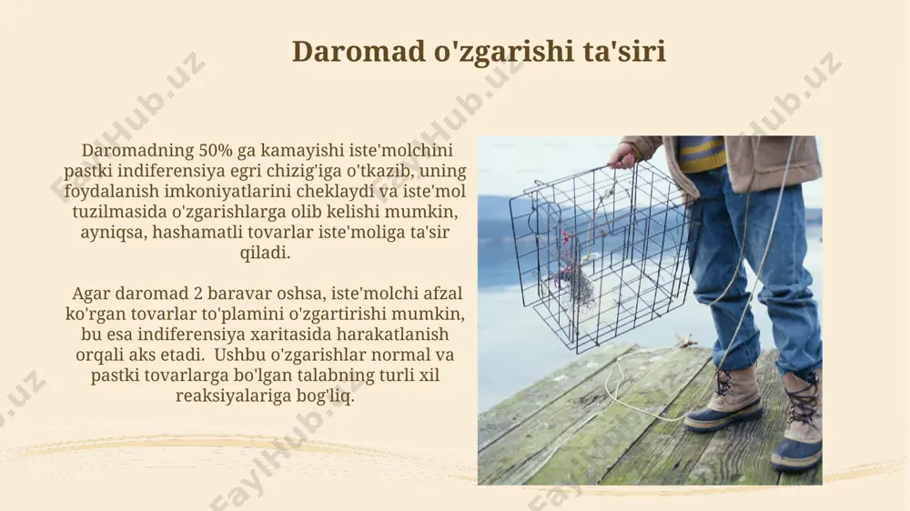 nilishi oddiy tovarlarga bo'lgan talab, masalan, non yoki guruch kabi, daromad oshishi bilan nisbatan sekinroq o'sadi, giperbola shaklidagi fisher befarqlik egri chizig'i 0,5 dan kam bo'lgan elastičnost koeffitsiyentini ko'rsatadi. bezakli tovarlar, masalan, hashamatli avtomobillar yoki zargarlik buyumlari, daromad oshishi bilan tezroq o'sadi, bu fisher egri chizig'ida 1 dan yuqori elastiklikni ifodalaydi. bezakli tovarlar va oddiy tovarlar bezaksiy tovarlarning kross-elastikligi musbat, ya’ni uning narxi oshganda, o’rinbosar tovarlarga talab 12% ga oshishi mumkin, bu esa iste’molchilarning o’zgaruvchan xarid qarorlarini aks ettiradi. agar iste’molchi daromadi 20% ga oshsa, oddiy tovarlarga talab 15% ga, bezaksiy tovarlarga esa 25% ga oshishi mumkin, bu ularning daromad elastikligini ko'rsatadi. muvozanat nuqtasining aniqlanishi muvozanat nuqtasini aniqlashda iste'molchining byudjeti (masalan, 100 so'm) va tovarlarning narxlari (masalan, 1-tovar 10 so'm, 2-tovar 5 so'm) kabi muhim omillar hisobga olinadi. muvozanat nuqtasi iste'molchi farovonligini maksimal darajada oshiruvchi nuqta bo'lib, bu yerda 1-tovarga nisbatan 2-tovarning chegaraviy almashtirish nisbati (mrs) narxlar nisbati (px/py) ga …