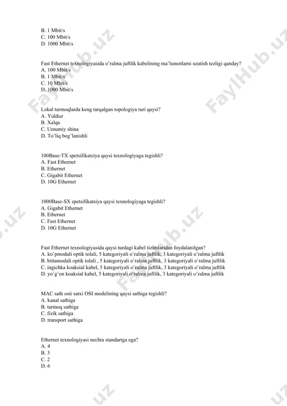 i barcha kompyuterga yo’naltiradi b. kompyuter tomonidan uzatilgan ma’lumotni boshqa bir kompyuterga yo’naltiradi c. kompyuter tomonidan uzatilgan ma’lumotni xalqa orqali keyingi kompyuterga yo’naltiradi d. tarmoqning ikki segmentini o’zaro bog’laydi simsiz tarmoqlar standartlari qaysi komitet tarkibida ishlab chiqilmoqda? a. 802.11 b. 802.7 c. 802.6 d. 802.12 xozirgi paytda ko’p ishlatiladigan, 802.11 standartiga tegishli spetsifikatsiyani ko’rsating a. a, b, g b. a, b, d c. a, b, c d. a, b, e 802.11 spetsifikatsiyasi simsiz lokal tarmog’i diametrining chegaralari qanday? a. 100 - 300 m b. 50 - 100 m c. 300 – 400 m d. 100 -200 m tarmoqni fizik strukturalashda qaysi qurilma ishlatiladi? a. takrorlovchi (kontsentrator) b. kommutator c. ko’prik d. shlyuz qaysi qurilma tarmoqning mantiqiy strukturasini o’zgartirishi mumkin? a. o’prik, marshrutizator,kommutator va shlyuz b. faqat kommutator c. takrorlovchi d. kontsentrator kompyuter tarmog’ining fizik strukturalash nima maqsadda amalga oshiriladi? a. tarmoq diametrini oshirish uchun b. unumdorlikni oshirish uchun c. internetga …