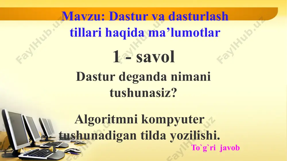 l? 4. dasturlash tillari guruhlari nechta? mavzu: dastur va dasturlash tillari haqida ma’lumotlar mustahkamlash uyga vazifa 1. mavzuni o`qib kelish; 2. paskal dasturlash tili mavzusiga tayyorgarlik ko`rib kelish. xayr, k`orishguncha ! image2.png media1.wav image3.jpeg image4.jpeg image1.jpeg
