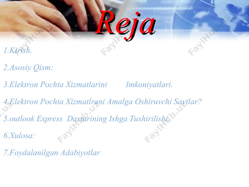 unga keltirilib,bir marta bosiladi, 3.”пуск”menyusidan ishga tushirish uchun quyidagi buyruqlar ketma-ketligi bajariladi: “пуск”=программы=“internet explorer”/”outlook expess” yuboriladigan xabarga ishorat yoki rasm o’rnatishdan avval,html formati o’rnatilganini tekshirish lozim.bu quydagicha amalga oshiriladi: ,,формат” menyusidan html buyrug’i tanlanadi,uning yonida qora chiziq paydo bo’ladi. so’ng quydagilardan biri bajariladi: анъанавий почта хизмати. анъанавий почта хизмати бизга маълум бўлган ва ҳар бир шаҳар ва марказларда жойлашган почта алоқаси корхоналари орқали амалга оширилади. бунда жўнатилиши режалаштирилаётган хат махсус конвертга солиниб, юборувчи ва қабул қилувчининг индекси, манзили ва кимга мўллжалланганлиги ёзилади. шу маълумотларга асосланган ҳолда почта корхонаси келган хатни марказий почта корхонасига юборади ва у ерда сараланиб тегишли манзилга элтиб беришни таъминлайди. камчилиги шундаки юборилган хабар ёки хат манзил узоқлигига қараб кунлаб, ойлаб бориши, баъзи ҳолларда умуман етиб бормаслиги ҳам мумкин. qabul qilingan xatlarni o’qish uchn outlook expressning anjolar panelidagi yoki jildlar ro’yxatidagi ,,входяшие”tugmasi bosiladi.xabarni aloxida darchada o’qsh uchun xabarlar ro’yxatidanuning nomida sichqoncha tugmasi ikki marta bosiladi.agar sichqoncha tugmasi …