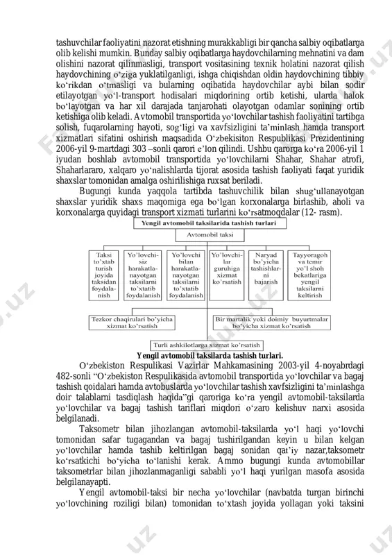 ashuvchilar ham bugungi kunda uyali telefon orqali buyurtma olayaptilar). 2.nozimlik boshqaruvini tashkil etishning osonligi. 3.ma’lum bir taksilar to‘xtash joyida uzluksiz xizmat ko‘rsatishni tashkil eta olish (aeroport,vokzal va portlar). 4.iqtisodiyotning barcha tarmoqlariga uzluksiz xizmat ko‘rsata olish. 5.harakat xavfsizligi bilan bog‘liq bo‘lgan masalalarni hal etishning nisbatan osonligi va boshqalar. yo‘lovchilar tashish bo‘yicha tadbirkorlik bilan shug‘ullanuvchi xususiy tashuvchilar faoliyatini nazorat etishning murakkabligi bir qancha salbiy oqibatlarga olib kelishi mumkin. bunday salbiy oqibatlarga haydovchilarning mehnatini va dam olishini nazorat qilinmasligi, transport vositasining texnik holatini nazorat qilish haydovchining o‘ziga yuklatilganligi, ishga chiqishdan oldin haydovchining tibbiy ko‘rikdan o‘tmasligi va bularning oqibatida haydovchilar aybi bilan sodir etilayotgan yo‘l-transport hodisalari miqdorining ortib ketishi, ularda halok bo‘layotgan va har xil darajada tanjarohati olayotgan odamlar sonining ortib ketishiga olib keladi. avtomobil transportida yo‘lovchilar tashish faoliyatini tartibga solish, fuqarolarning hayoti, sog‘ligi va xavfsizligini ta’minlash hamda transport xizmatlari sifatini oshirish maqsadida o‘zbekisiton respublikasi prezidentining 2006-yil 9-martdagi 303 –sonli qarori e’lon qilindi. ushbu …