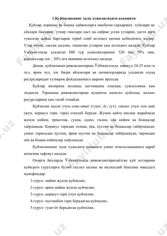 арча турдаги қуй ҳамда эчкиларнинг гуштлари республика гушт балансида 10-15 фойизни ташкил этади. қуйларнинг истеъмол қиладиган табиий яйлов озуқалари иқтисодий баҳоланмайди, натижада, одатда, қуйчиликдан нисбатан арзон озиқ-овқатлар ҳамда хом ашёлар ишлаб чиқарилади. республикада уларни қайта ишлаш ва сотиш қуйчиликнинг халқ хужалик аҳамиятини янада оширади. қоракул тери махсулотларини жаҳон бозорида сотиш республика волюта фондини купайтиради 2.қуйчиликнинг ривожланиши, ҳозирги ахволи ва истиқболи узбекистонда қуйчилик ноқулай ер ва иқлим шароитлари ҳамда аҳолининг куп йиллик тажрибасини ҳисобга олиб ривожлантирилади. қуйчилик махсулотлари, уларнинг бош сони ва махсулдорлигини ошириш эвазига купаяди. жадвал узбекистонда қуйлар бош сонининг узгариши динамикаси, минг бош. курсаткичлар 1940 1960 1990 2000 2004 жами қуйлар 4444,8 8676,7 8038,1 8182 10835,3 шу жумладан: қоракул қуйлар 1571,9 2107,3 4930,9 4991,0 6311,0 2000 йилда 1940 йилга нисбатан жами қуйлар сони 1,8 марта, шу жумладан қоракул зотдор қуйлар – 3,2 марта купайган. қоракул тери ва ундан тайёрланадиган товарларни ички ва ташқи бозорларда сотишда вужудга келадиган қийинчиликлар туфайли …