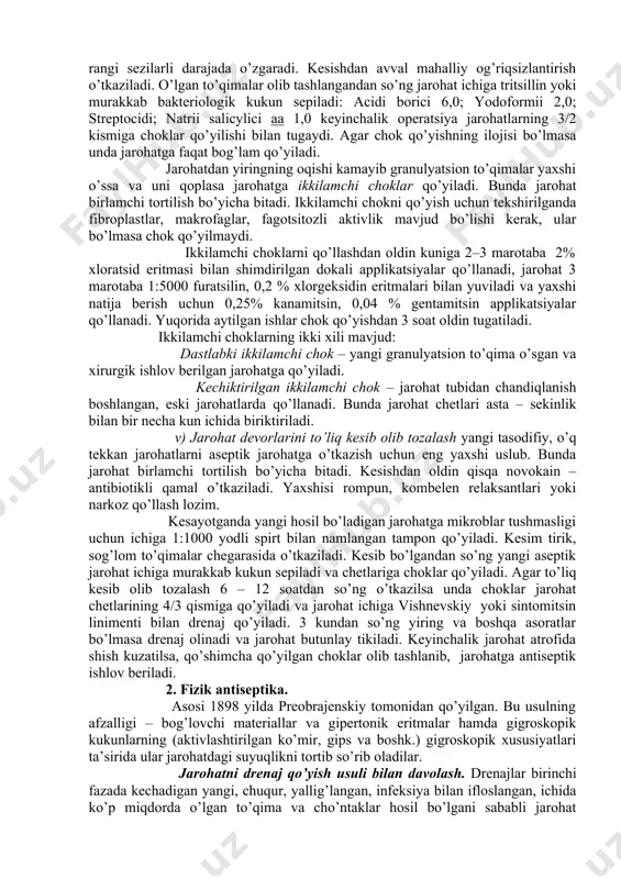 ikkilamchi choklar qo’yiladi. bunda jarohat birlamchi tortilish bo’yicha bitadi. ikkilamchi chokni qo’yish uchun tekshirilganda fibroplastlar, makrofaglar, fagotsitozli aktivlik mavjud bo’lishi kerak, ular bo’lmasa chok qo’yilmaydi. ikkilamchi choklarni qo’llashdan oldin kuniga 2–3 marotaba 2% xloratsid eritmasi bilan shimdirilgan dokali applikatsiyalar qo’llanadi, jarohat 3 marotaba 1:5000 furatsilin, 0,2 % xlorgeksidin eritmalari bilan yuviladi va yaxshi natija berish uchun 0,25% kanamitsin, 0,04 % gentamitsin applikatsiyalar qo’llanadi. yuqorida aytilgan ishlar chok qo’yishdan 3 soat oldin tugatiladi. ikkilamchi choklarning ikki xili mavjud: dastlabki ikkilamchi chok – yangi granulyatsion to’qima o’sgan va xirurgik ishlov berilgan jarohatga qo’yiladi. kechiktirilgan ikkilamchi chok – jarohat tubidan chandiqlanish boshlangan, eski jarohatlarda qo’llanadi. bunda jarohat chetlari asta – sekinlik bilan bir necha kun ichida biriktiriladi. v) jarohat devorlarini to’liq kesib olib tozalash yangi tasodifiy, o’q tekkan jarohatlarni aseptik jarohatga o’tkazish uchun eng yaxshi uslub. bunda jarohat birlamchi tortilish bo’yicha bitadi. kesishdan oldin qisqa novokain – antibiotikli qamal o’tkaziladi. yaxshisi rompun, kombelen …