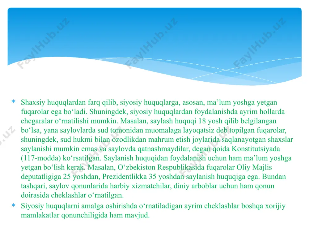 , fuqarolar yakka tartibda yoki boshqa fuqarolar bilan birgalikda vakolatli organlarga, muassasalarga, xalq vakillariga murojaat qilish huquqiga ega. murojaatlar turlicha bo‘lib (murojaat turlari), ular ariza, taklif yoki shikoyat ko‘rinishida bo‘lishi mumkin. arizalar orqali fuqarolar o‘zlarining turli huquqlarini ro‘yobga chiqarishni so‘raydi. masalan: ishga kirish, ishdan bo‘shash, o‘qishga kirish, ta’til olish, ta’minot olish va hokazolar. takliflar orqali fuqarolar ko‘pincha ijtimoiy muammolarni hal qilish yo‘llari, ishlab chiqarishni takomillashtirish, o‘quv jarayonini takomillashtirish, boshqaruv tizimini takomillashtirish, qoidalarni takomillashtirish, atrof muhitni sog‘lomlashtirish, moddiy va tabiiy resurslardan oqilona foydalanish bo‘yicha o‘z fikr-mulohazalarini bildiradi. shikoyatlar orqali buzilgan huquqlarini tiklash, aybdorlarga chora ko‘rish, zararni qoplash talab etiladi. arizaning asosini iltimos tashkil etsa, shikoyatning asosini talab tashkil etadi. shikoyatlar orqali sodir etilgan yoki sodir etilayotgan, etilishi mumkin bo‘lgan qonunsiz harakatlar to‘g‘risida xabarlar berilishi mumkin. fuqarolarning murojaatlari yozma yoki og‘zaki bo‘lishi, ular aloqa vositalari orqali, ommaviy axborot vositalari orqali taqdim qilinishi yoki shaxsan topshirilishi mumkin. konstitutsiyada murojaatlarni ko‘rish tartibi va muddati …