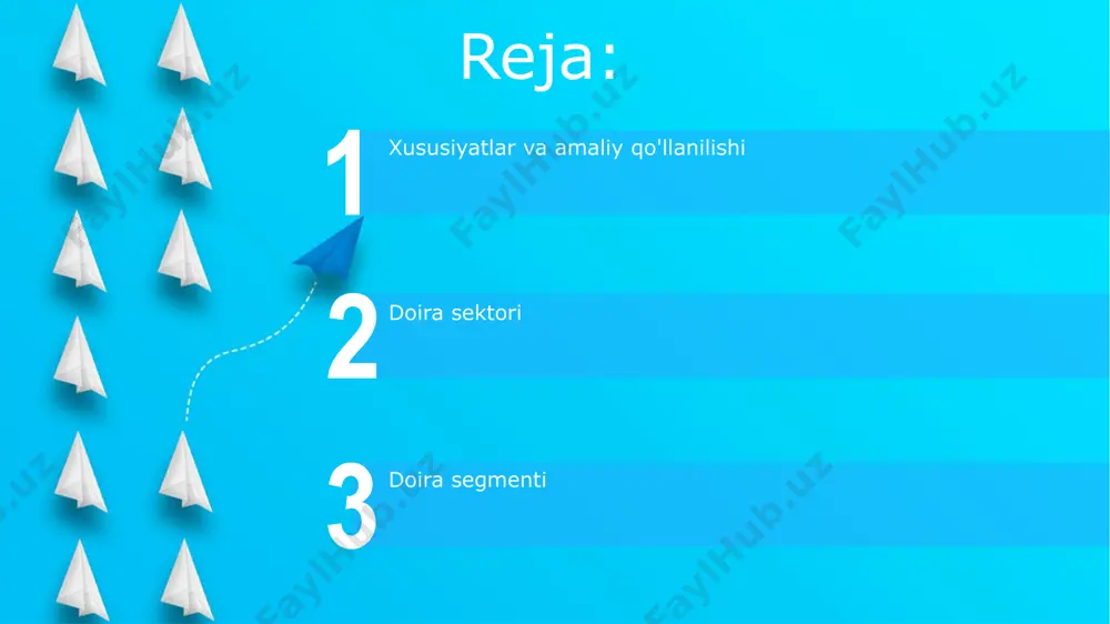 lanadi, bunda l yoy uzunligi va r radius. sektor yoyining uzunligini hisoblash amaliyotda segment va sektorlardan foydalanish segmentlar qurilishda qo'llaniladi; misol uchun, tunnelning kesimi yoki ko'prik arklari segment shaklida bo'lishi mumkin. 180 gradusdan kichik segmentlar yanada mustahkam konstruksiyalarni beradi. pitsani bo'laklarga bo'lish sektorlarga misol bo'ladi. agar pitsa 8 bo'lakka bo'linsa, har bir sektorning markaziy burchagi 45 gradusni tashkil etadi (360/8=45). bu, 1/8 aylana demakdir. e'tiboringiz uchun rahmat @taqdimot_robot image5.jpg image6.jpg image7.jpg image8.jpg image9.jpg image10.jpg image11.jpg image1.jpeg image2.jpeg image3.jpeg image4.jpeg