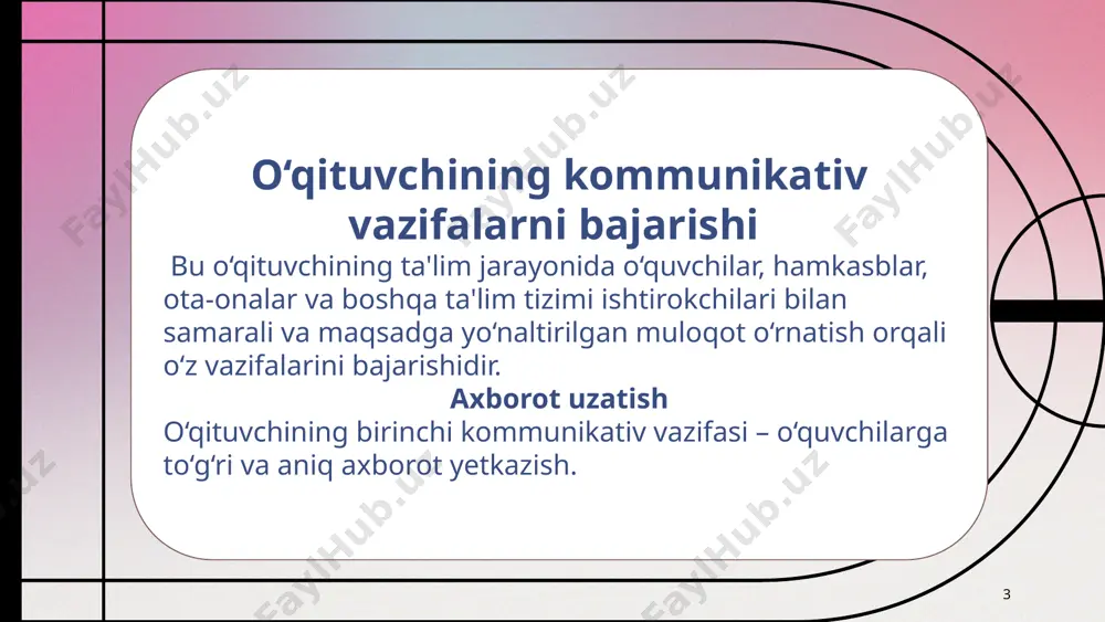 qituvchi o‘quvchilarning ishlarini tahlil qilib, ularga tezkor va samarali fikr beradi. o‘quvchilarning o‘zlari ham dars jarayonida o‘quvchilarni rag‘batlantiradigan va o‘z fikrlarini ifodalashga yordam beradigan feedback olishadi. o‘qituvchining kommunikativ vazifalarni bajarishi 9 o‘qituvchining kommunikativ vazifalarni bajarishi – bu o‘qituvchining ta'lim jarayonida o‘quvchilar, hamkasblar, ota-onalar va boshqa ta'lim tizimi ishtirokchilari bilan samarali va maqsadga yo‘naltirilgan muloqot o‘rnatish orqali o‘z vazifalarini bajarishidir. o‘qituvchining kommunikativ vazifalari faqat axborot uzatish bilan cheklanmaydi; u o‘quvchilarga ilmiy va shaxsiy rivojlanishlarini qo‘llab-quvvatlash, ularning fikrlarini tinglash, va umumiy o‘quv jarayonini sifatli tashkil qilishni o‘z ichiga oladi. 10 11 axborot uzatish o‘qituvchining birinchi kommunikativ vazifasi – o‘quvchilarga to‘g‘ri va aniq axborot yetkazish. motivatsiya yaratish o‘qituvchining kommunikativ vazifalaridan biri o‘quvchilarni darsga jalb qilish, ularni o‘qishga, izlanishga va o‘rganishga undashdir. savol va javob orqali muloqot qilish o‘qituvchi o‘quvchilar bilan faol muloqot qilib, savollar orqali ulardan bilimlarni baholaydi va o‘quvchilarning savollariga javob beradi. 12 o‘quvchilarda kritik fikrlashni rivojlantirish o‘qituvchi o‘quvchilarni faqat ma'lumotni qabul …