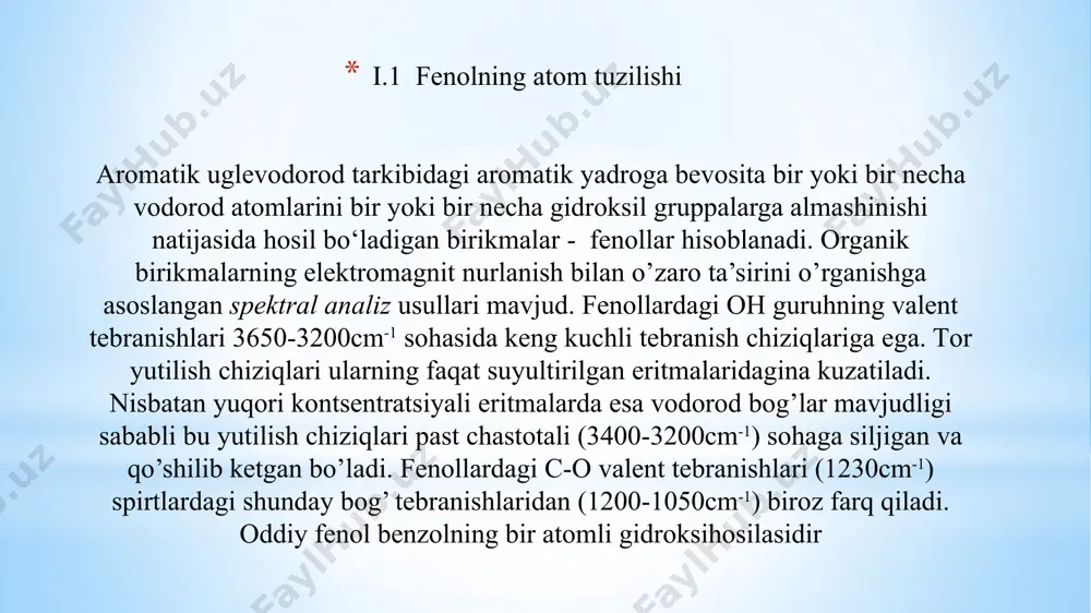 i va kuchsiz kislota xossasini namoyon qiladi (karbonat kislotadan kuchsiz). natriy metalidan tashqari ishqorlar bilan ham suvli eritmalari barqaror bo‘lgan fenolyatlar hosil qiladi : c6h5oh  2na  2 c6h5ona  h2 c6h5oh  naoh  c6h5ona  h2o fenolyatlar gidrolizga uchramaydi, lekin mineral kislotalar, hattoki karbonat kislotasi ta’sirida ham parchalanib ketadi: c6h5ona  co2  h2o  c6h5oh  nahco3 1. fenollarni spirtlar yoki suvga qaraganda kislotalik xossasi katta. ularning kislotalik xossasi karbonat yoki karbon kislotalarga nisbatan kuchsiz. agar sirka kislotaning dissotsalashish konstantasi 1,8.10–6, karbonat kislotaniki 4,9.10–16 bo’lsa, fenolniki 1,3.10–10 ga teng. fenollar o’yuvchi ishqorlar bilan fenolyatlarni hosil qiladilar, ammo ular natriy karbonatdan co2 ni siqib chiqara olmaydilar. aksincha, fenollar fenolyatlardan karbonat kislota yordamida ajratib olinadi: bu reaksiyadan fenollarni aromatik spirtlardan farqlashda foydalaniladi. agar fenollarda elektroakseptor guruhlar (masalan, -no2, -cooh va boshqalar) bo’lsa, ular ta’sirda fenollarning kislotalik hususiyat keskin ortib ketadi. masalan, o-nitrofenolning dissotsiyalanish konstantasi 5,8.10–8; m-nitrofenolniki 5,3.10–3; n-nitrofenolniki …