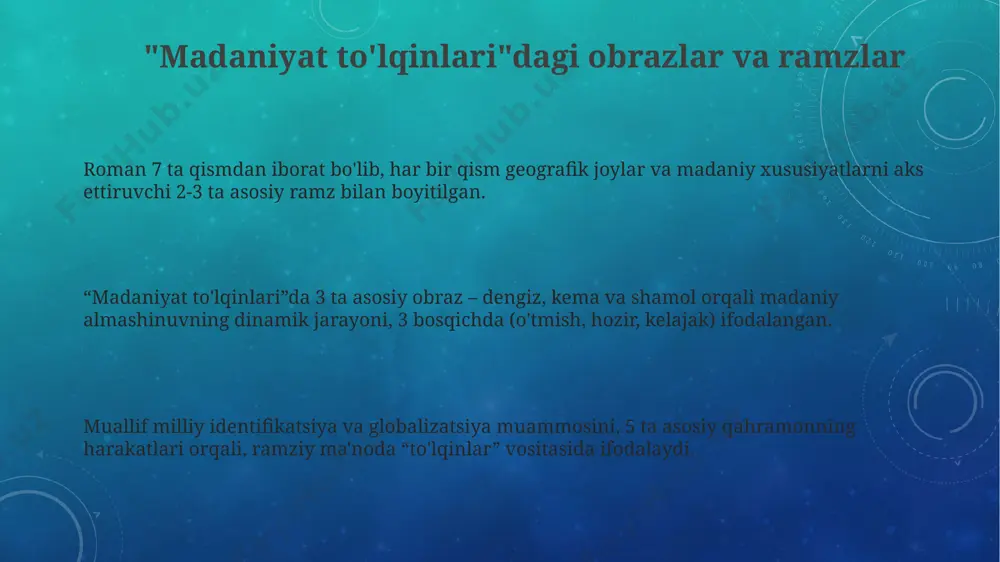 ни ҳамда келажакка йўналтирилган эволюциясини кўрсатиш. millat va madaniyatning o'zaro bog'liqligi madaniy almashinuv va globallashuv jarayonlari millatning madaniy xususiyatlariga sezilarli ta'sir ko'rsatadi, lekin uning o'ziga xosligi 5-10% saqlanib qoladi. millatning o'ziga xosligi va madaniy boyliklari iqtisodiy rivojlanishga 20-30% hissa qo'shadi, turizm va ijodkorlik sanoatlarining taraqqiyotiga turtki bo'ladi. millatning madaniy identifikatori 3 asosiy element – til, urf-odatlar va an'analar – orqali shakllanib, 1000 yildan ortiq davom etgan tarixiy jarayonlar natijasida yuzaga keladi. ma'rifatparvarlik g'oyalari va ularning ifodasi ma'rifatparvarlik g'oyalarining asosiy 3 yo'nalishi – til, adabiyot va tarix o'rganish orqali milliy ong va madaniy o'zlikni shakllantirishga qaratilgan bo'lib, 19-asr oxiri – 20-asr boshlarida faol rivojlangan. uning asarlarida "ma'rifat" atamasi 50 dan ortiq marta uchrab, umuminsoniy qadriyatlarga, ilm-fan taraqqiyotiga bog'liq holda milliy istiqlol va mustaqillik g'oyalarini ifoda etadi. avloniyning "tarbiya" asarida 2 ta asosiy ma'rifatparvarlik prinsipi – insonparvarlik va vatanparvarlik g'oyalari ta'lim tizimida aks ettirilgan, zamonaviy bilim va milliy qadriyatlar uyg'unligini ta'kidlaydi. "madaniyat …